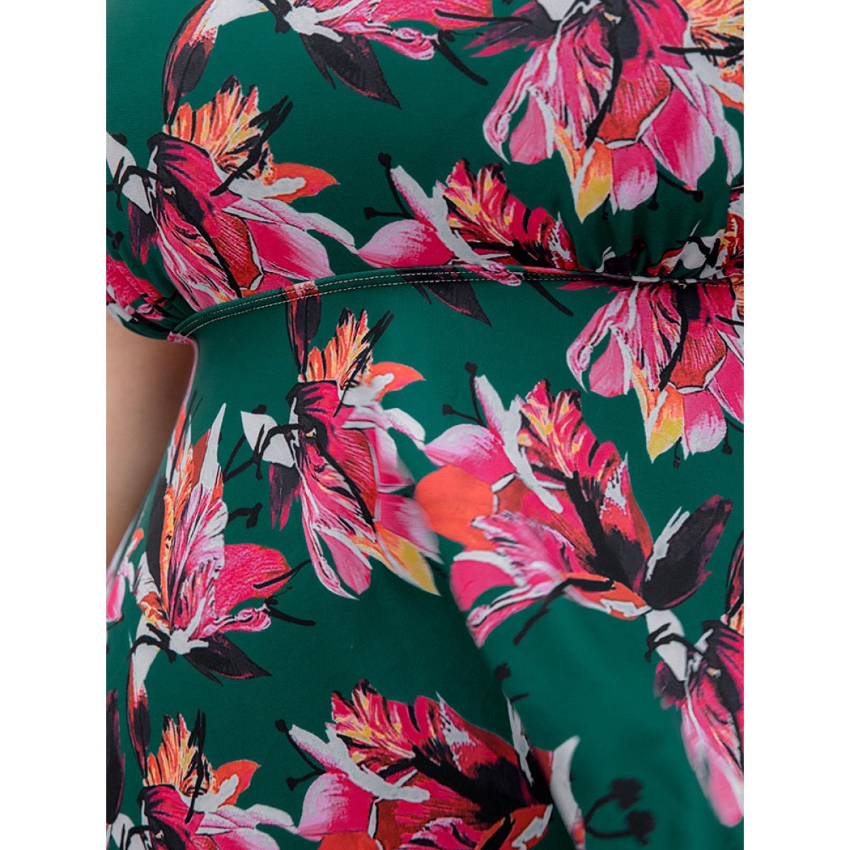 Plus Size Floral Print A Line Round Neck Ruffle Hem Swim Dress Women's Swimwear Green Vacation Bodycon Round Neck High stretch Curve Swim Dresses BloomChic 26/4X Product Image