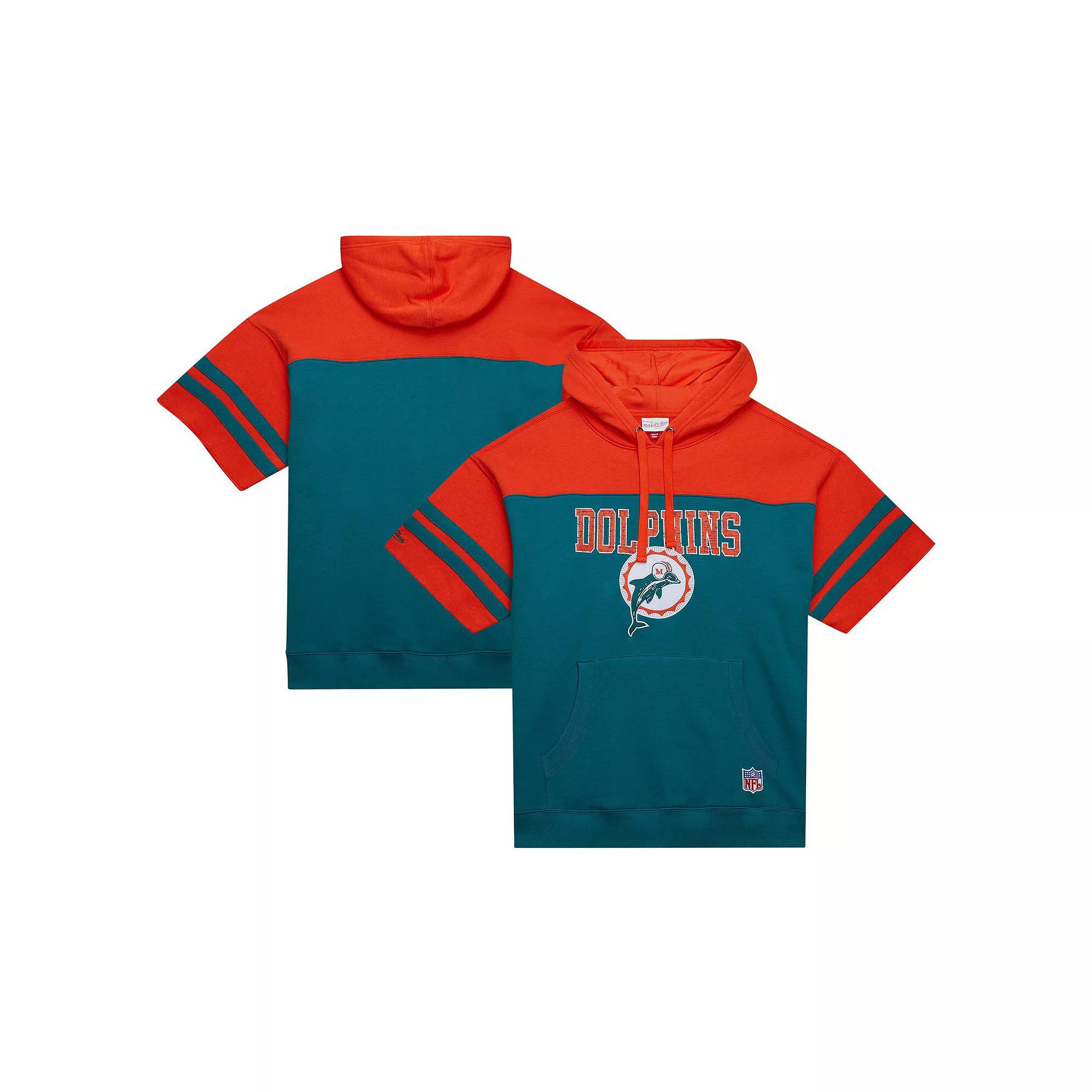 Men's Mitchell & Ness Aqua Miami Dolphins  Off Field Vintage Logo Short Sleeve Pullover Hoodie, Size: Small, Turquoise A Product Image