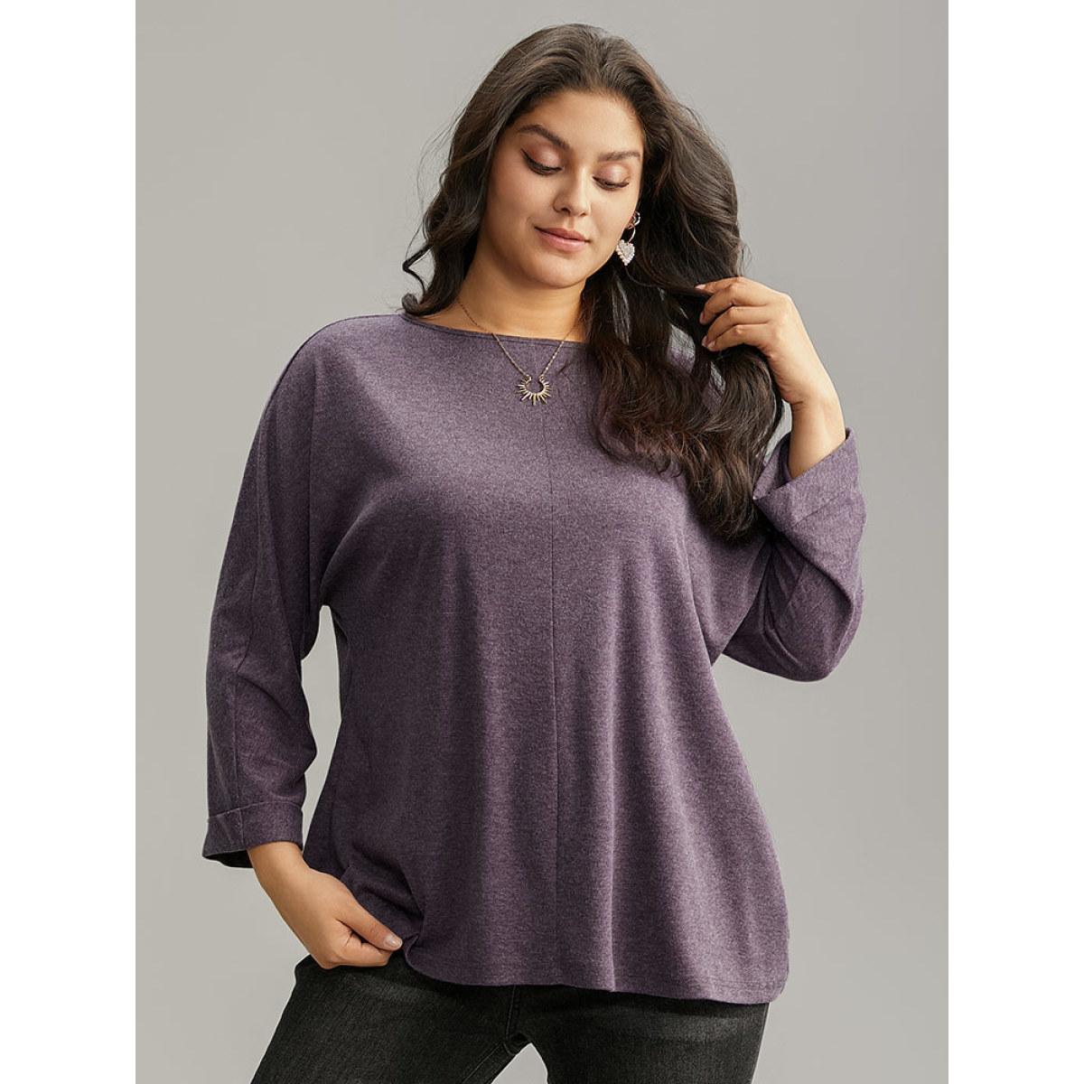 Plus Size Solid Heather Round Neck Roll Dolman Sleeve T-shirt Mauve Women Casual Plain Plain Round Neck Dailywear T-shirts BloomChic 26/4X Product Image