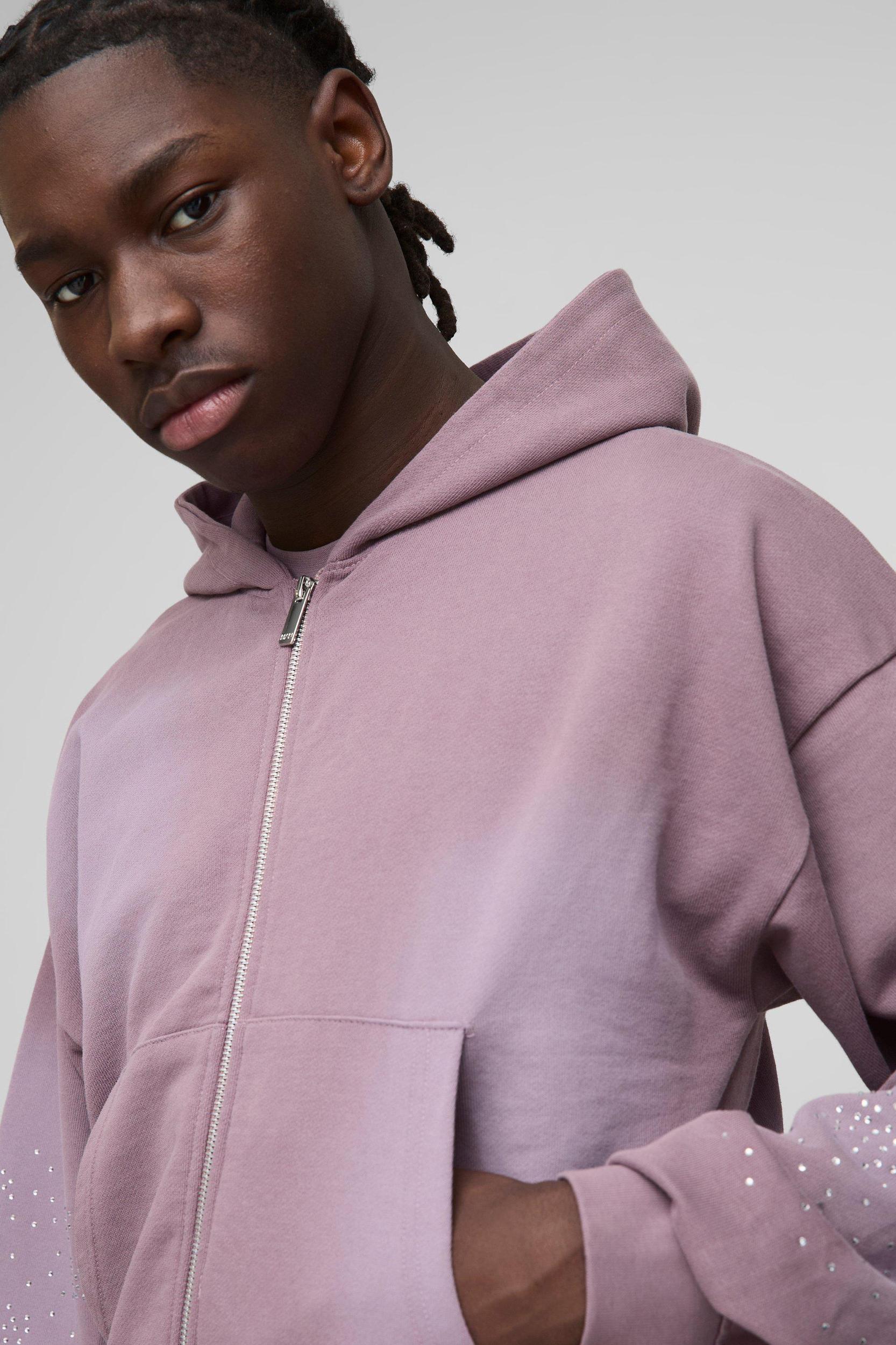 Shrunken Fit Washed Rhinestone Zip Through Hoodie | boohooMAN USA Product Image