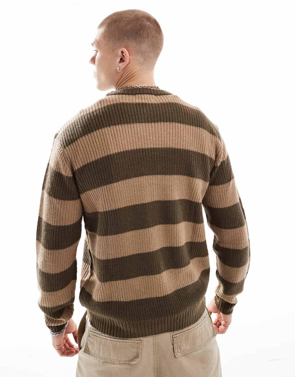 Another Influence chunky striped round neck sweater in brown Product Image
