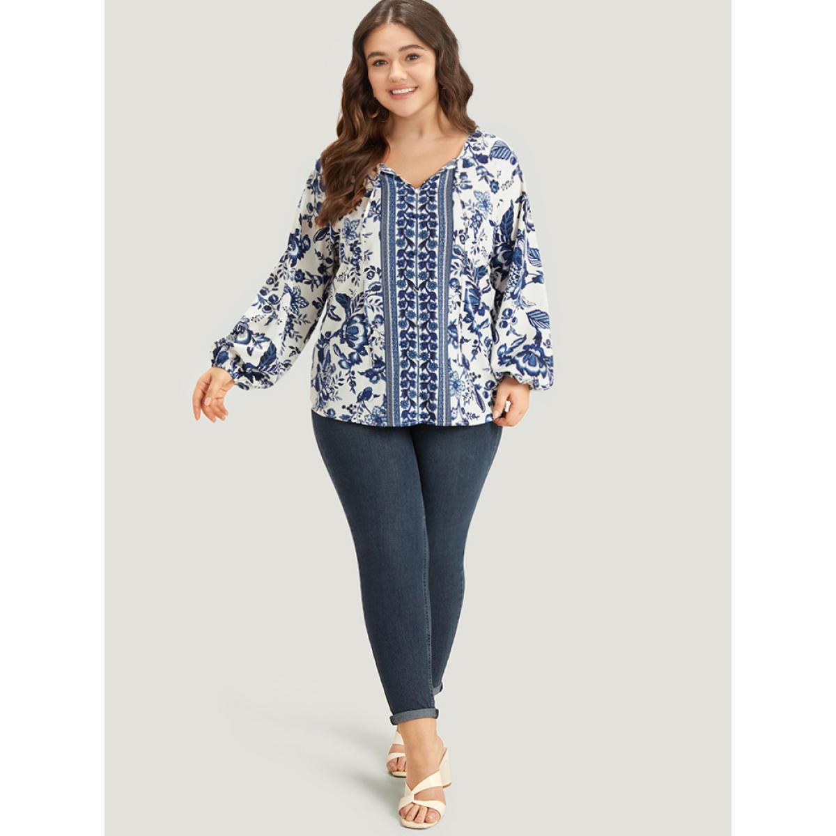 Plus Size Navy Boho Print Knot Neck Lantern Sleeve Blouse Women Vacation Long Sleeve Tie Neck Dailywear Blouses BloomChic 22-24/3X Product Image