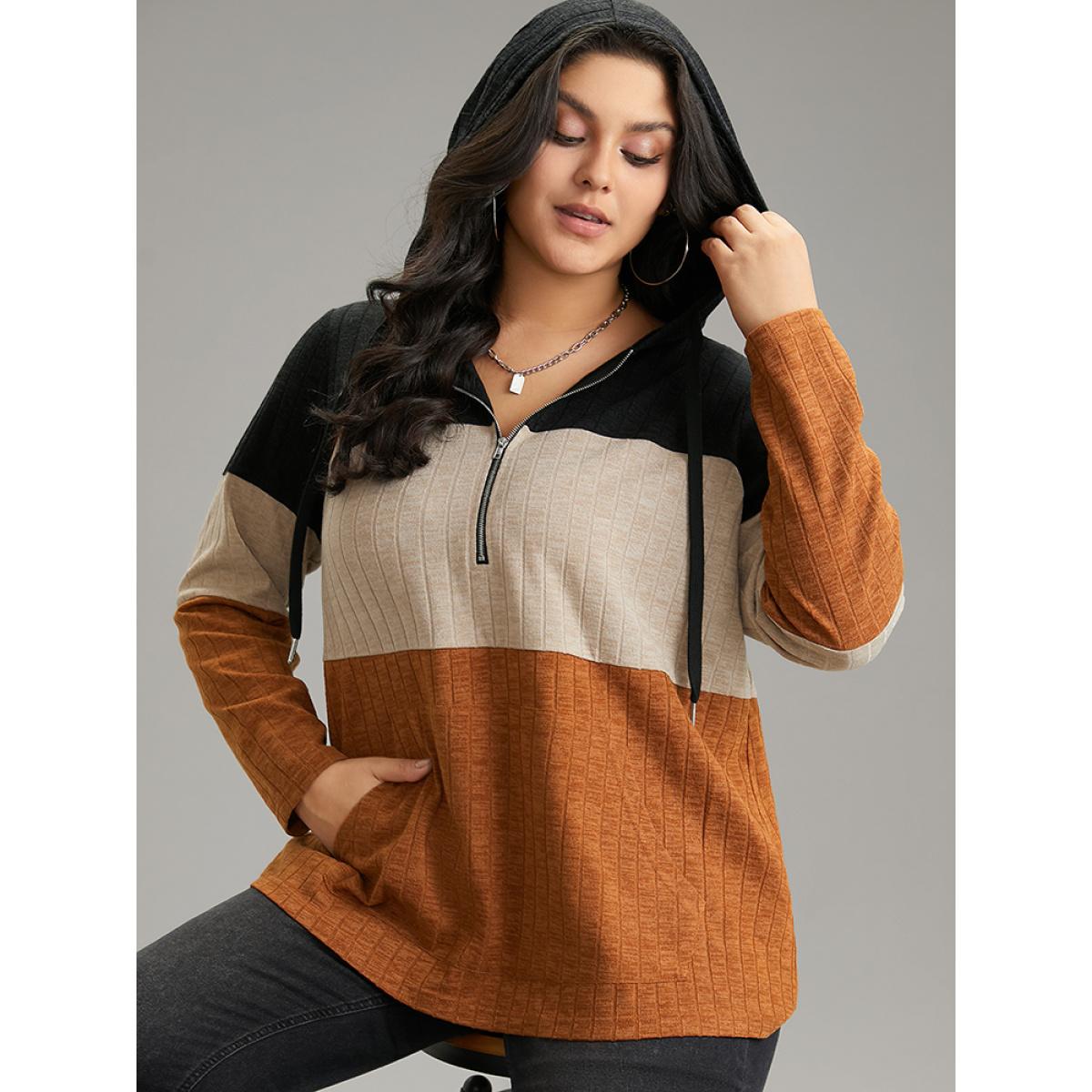 Plus Size Rib Knit Colorblock Contrast Half Zip Hooded Sweatshirt Women Black Casual Texture Hooded Dailywear Sweatshirts BloomChic 12/L Product Image
