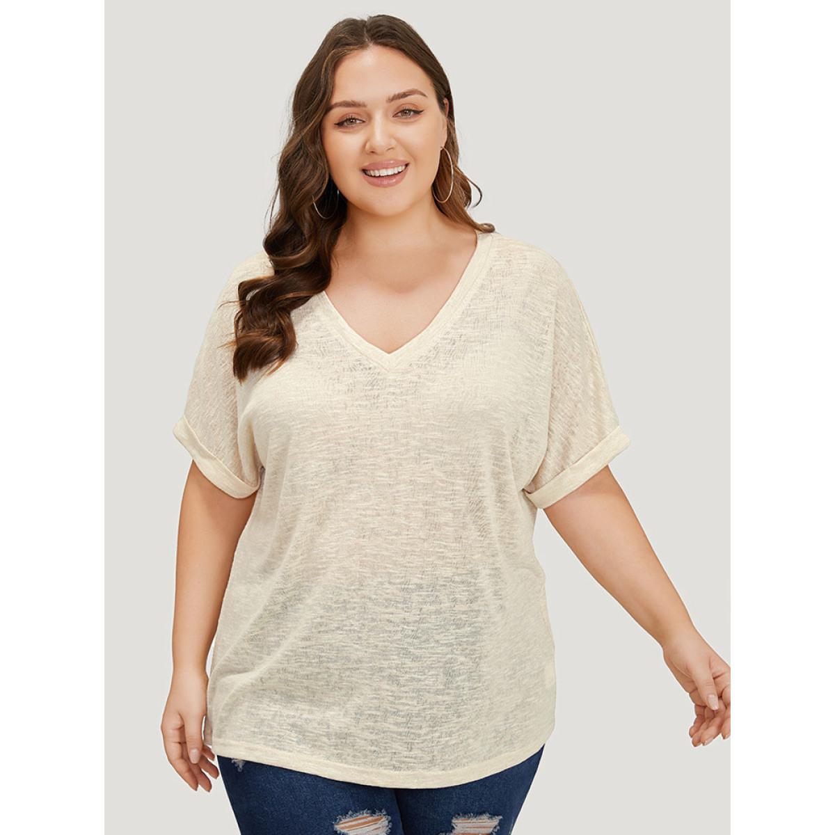 Plus Size Solid Mesh Heather Roll Batwing Sleeve T-shirt Beige Women Casual See through Plain V-neck Dailywear T-shirts BloomChic 14-16/1X Product Image