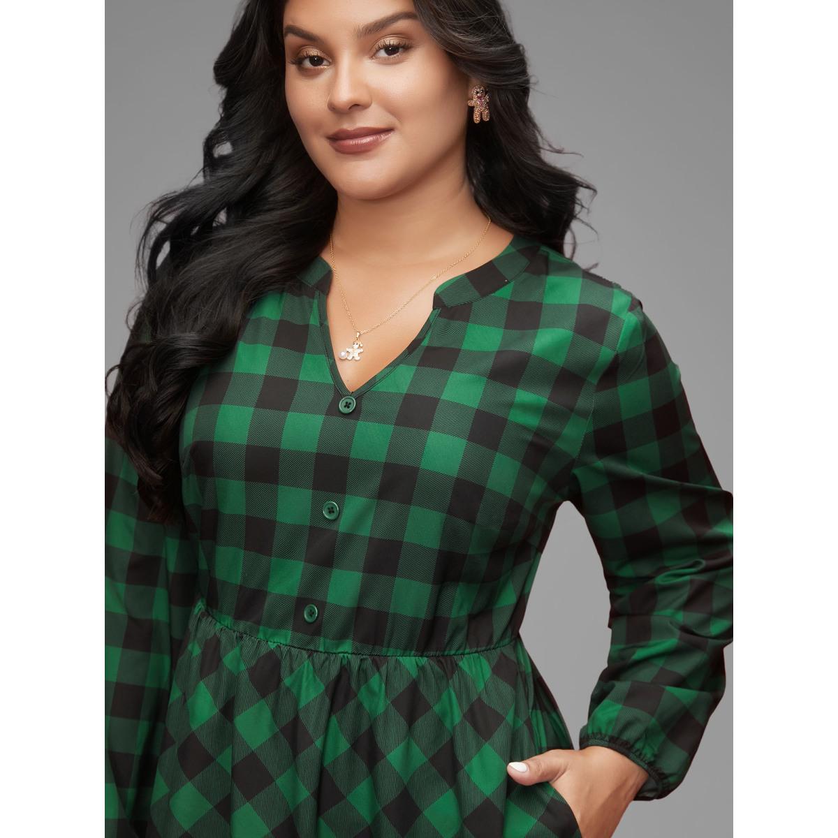 Plus Size Plaid Notched Collar Midi Dress DarkGreen Women Elegant Button Notched collar Long Sleeve Curvy BloomChic 30/6X Product Image