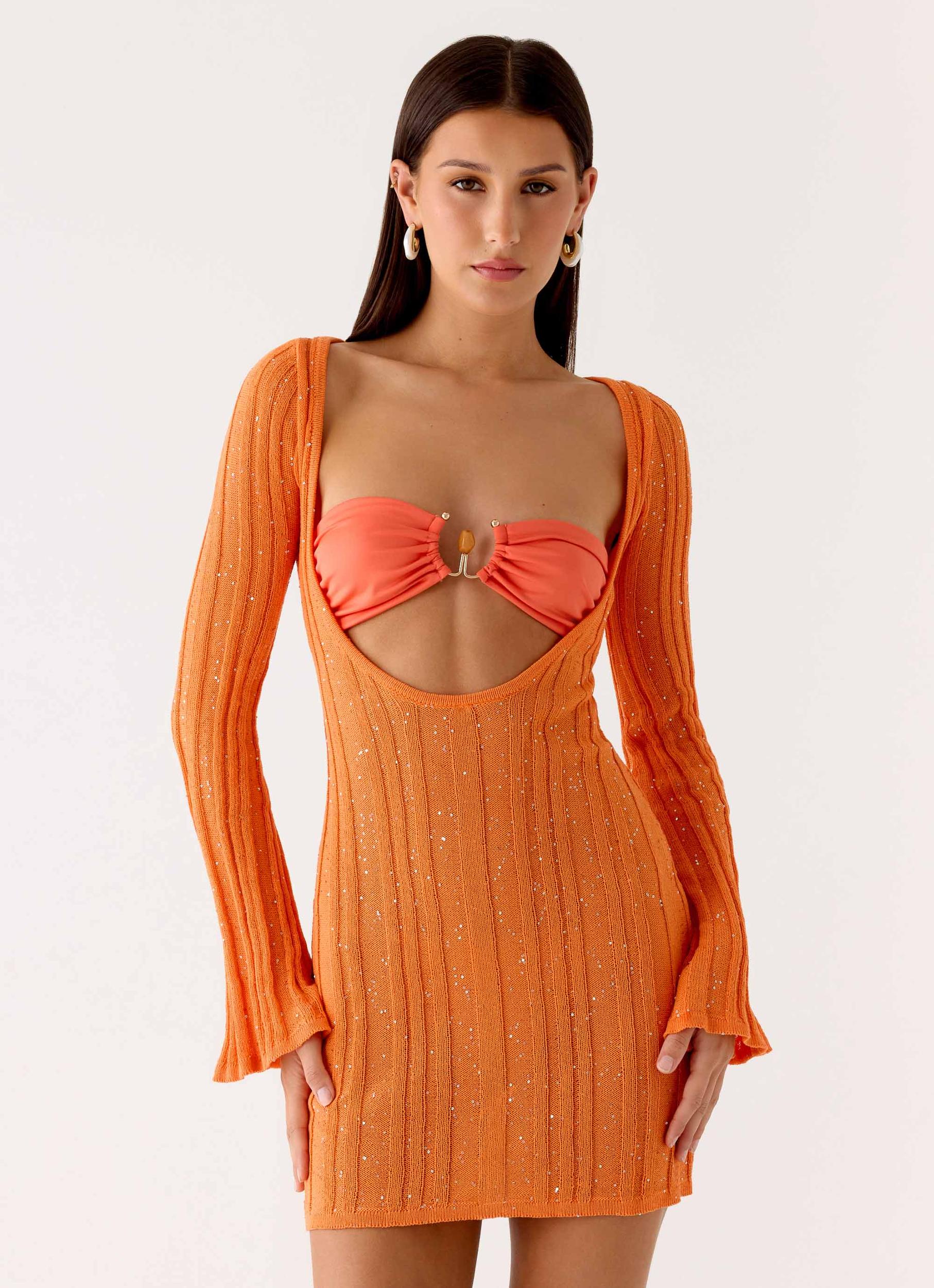 Estrella Long Sleeve Knit Mini Dress - Orange Product Image