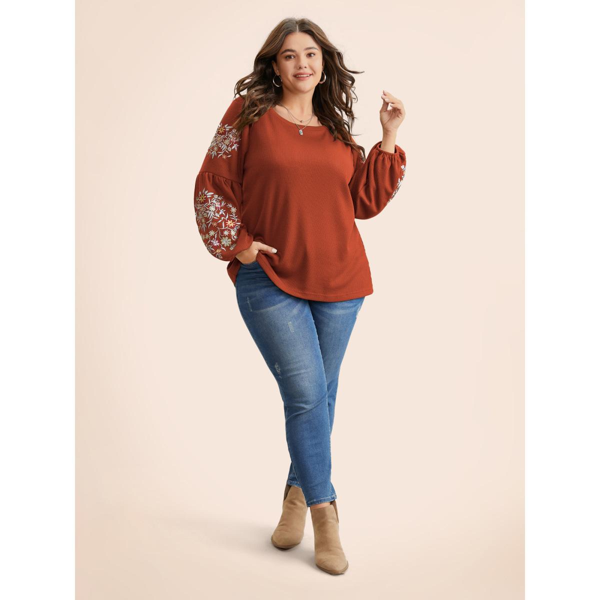 Plus Size Waffle Knit Floral Embroidered Lantern Sleeve T-shirt Rust Women Leisure Texture Floral Round Neck Casual T-shirts BloomChic 18-20/2X Product Image