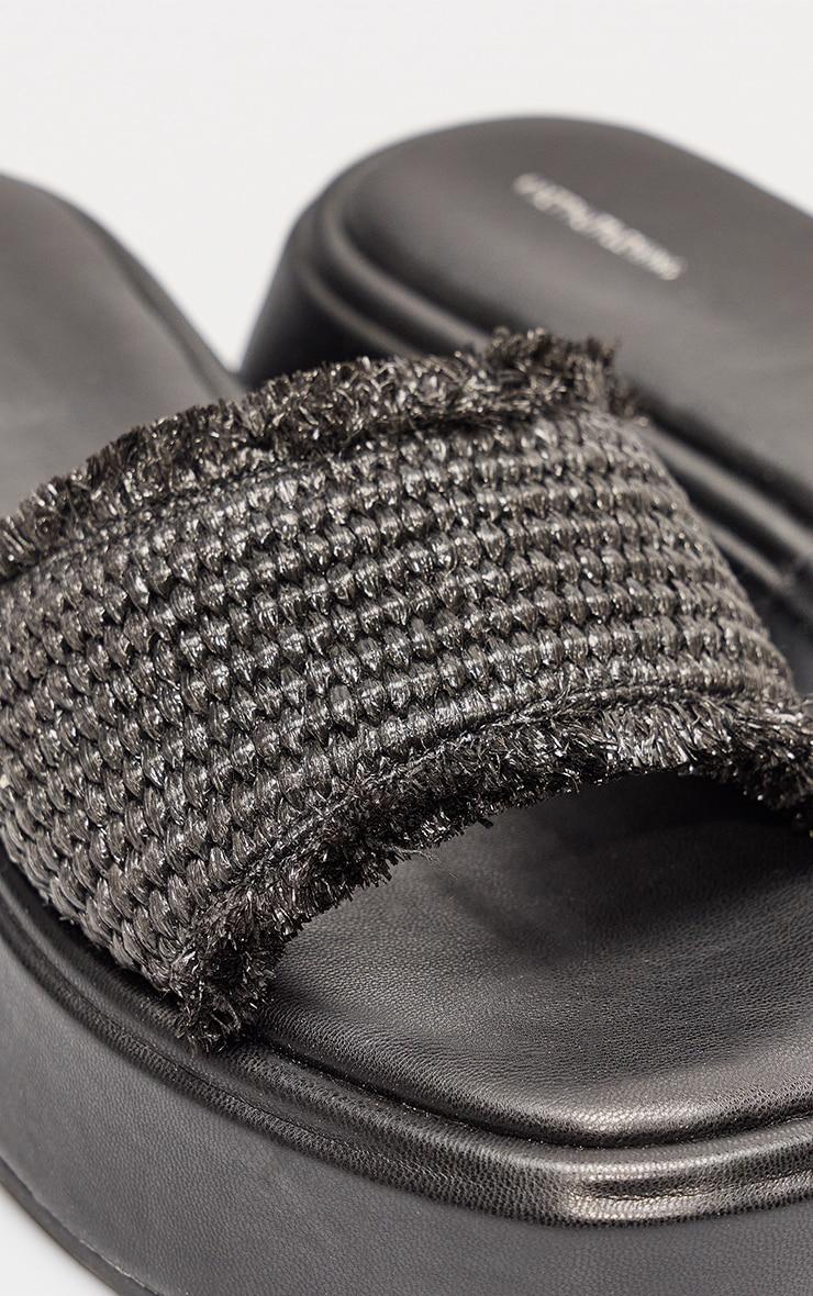 Black Raffia Fake Stack Round Toe Flatform Sandals Product Image