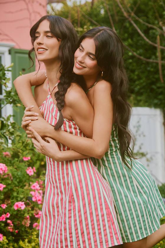 Madelia Green Striped Halter Mini Dress Product Image