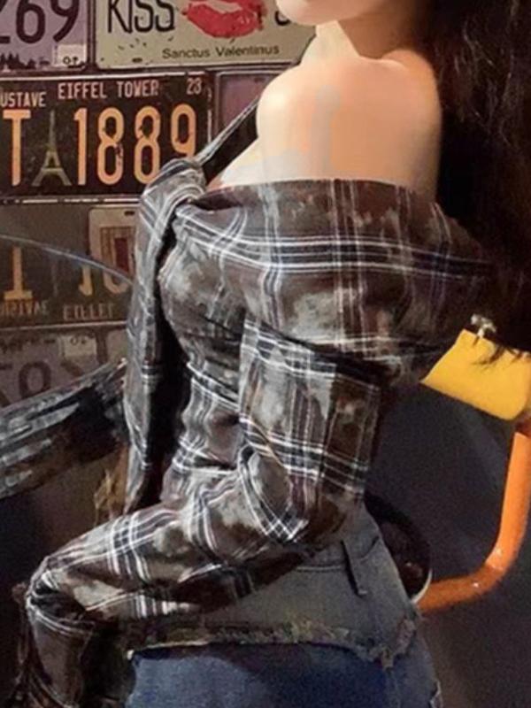 Vintage Plaid Tie Dye Off Shoulder Long Sleeve Blouse Product Image