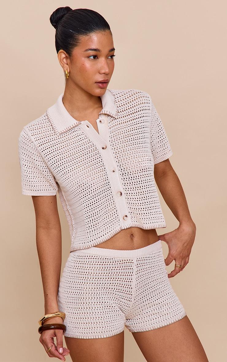 Oatmeal Contrast Stitch Crochet Knit Short  Product Image