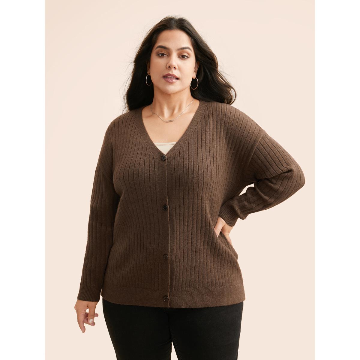 Plus Size Supersoft V-Neck Cable Knit Cardigan Browncoffeecolor Women Casual Loose Long Sleeve Everyday Cardigans BloomChic 14-16/1X Product Image