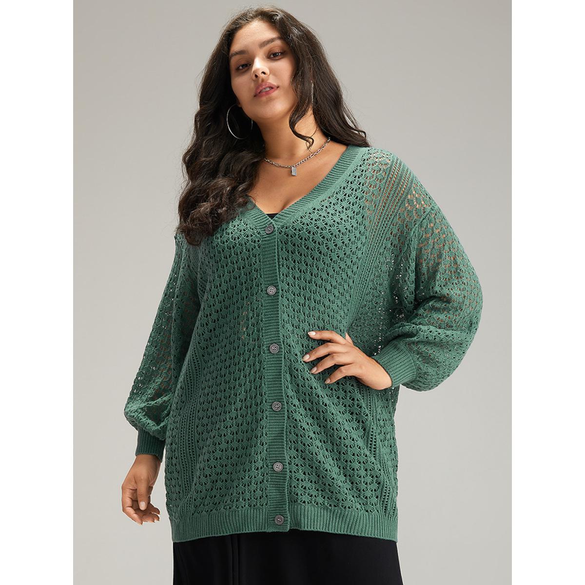 Plus Size Solid Hollow Out Button Through Cardigan Emerald Women Casual Loose Long Sleeve Dailywear Cardigans BloomChic 10/M Product Image