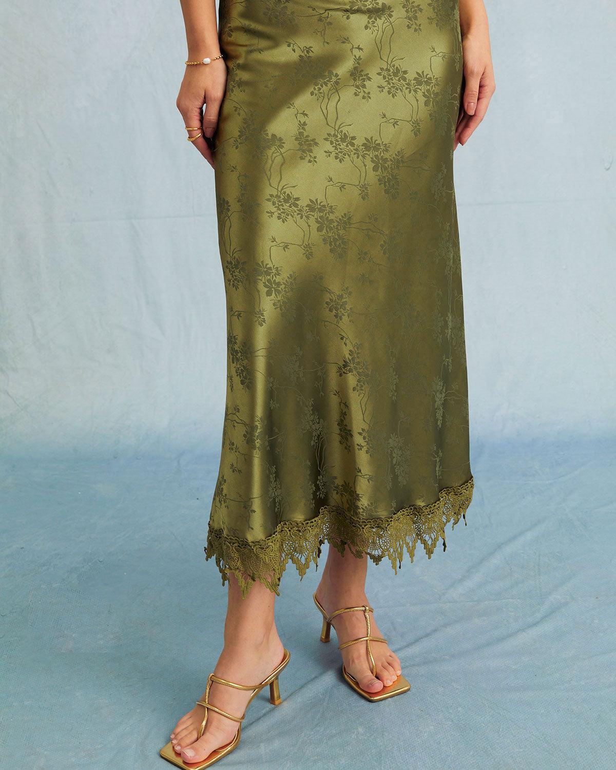 The Green Jacquard Cap Sleeve Satin Midi Dress Product Image