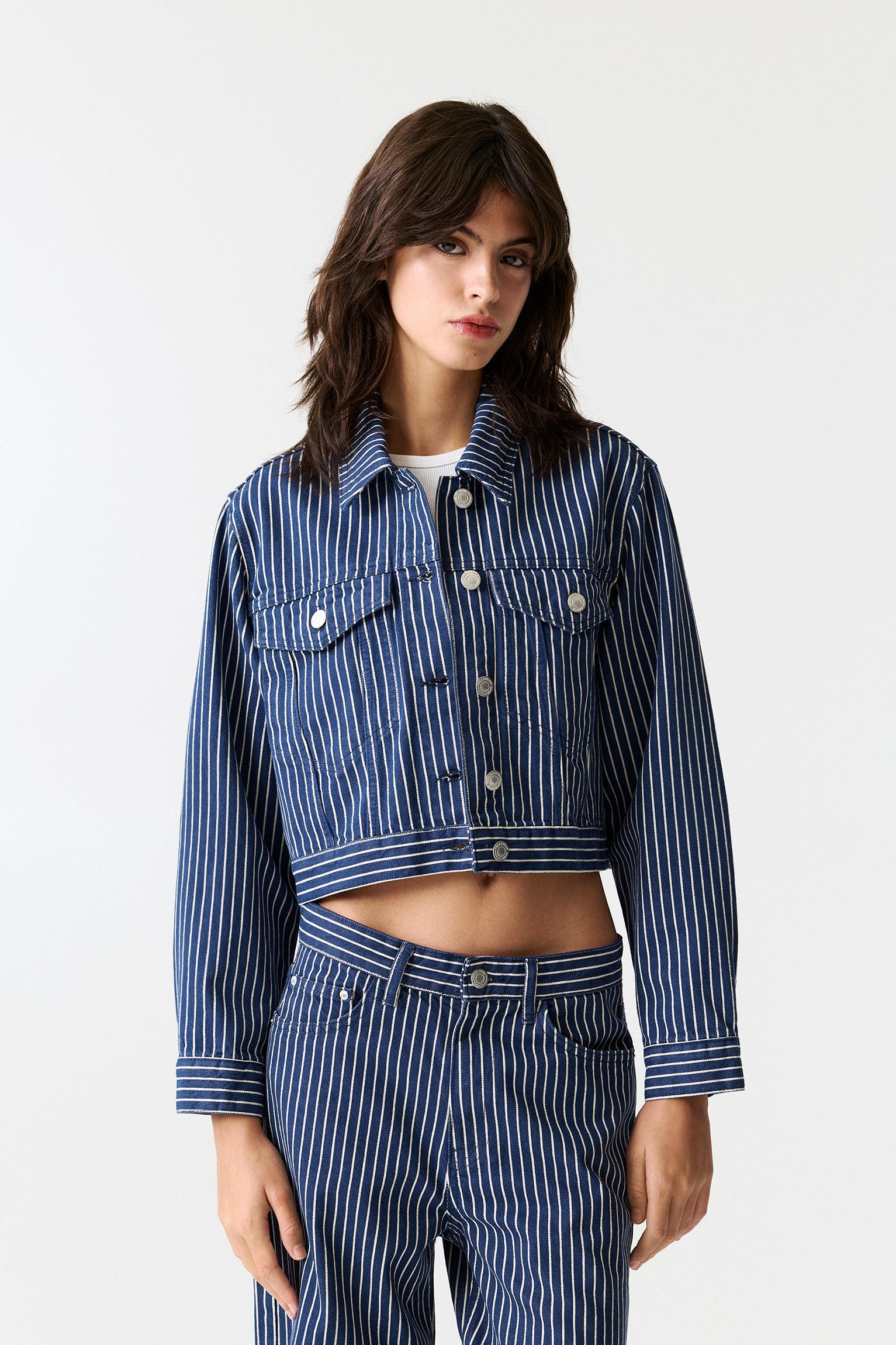 Oversized striped denim jacket Product Image