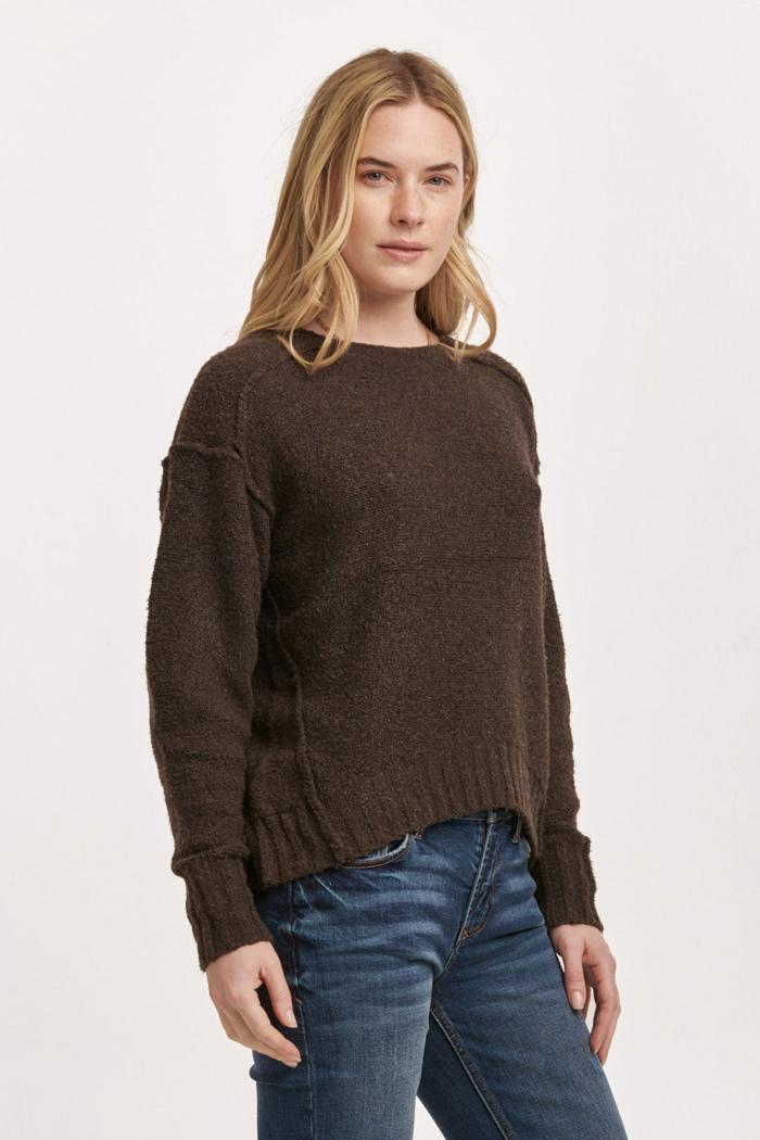 Jenna Raw Detail Long Sleeve Relaxed Fit Sweater Dark Chocolate Product Image