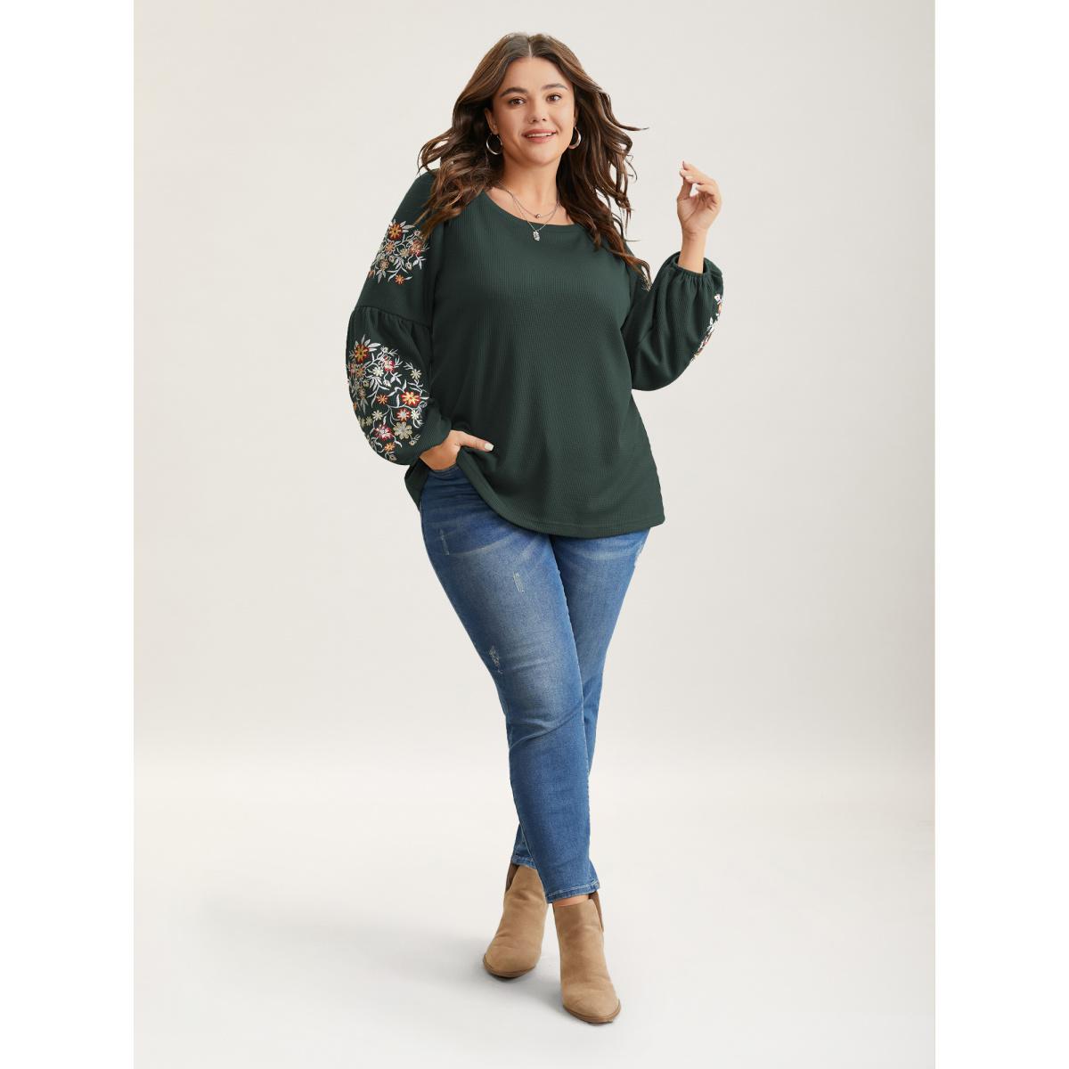 Plus Size Waffle Knit Floral Embroidered Lantern Sleeve T-shirt DarkGreen Women Leisure Texture Floral Round Neck Casual T-shirts BloomChic 10/M Product Image