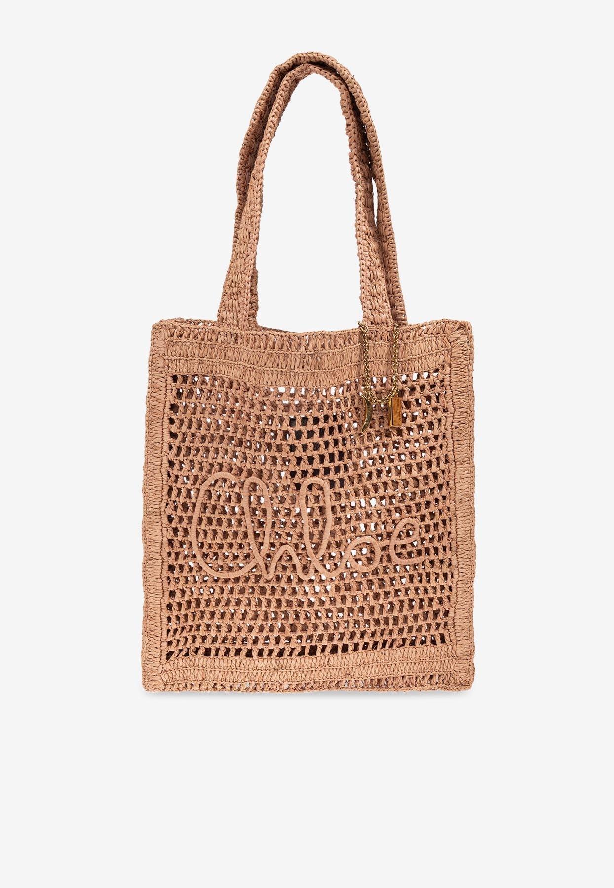 CHLOÉ Summer Banana Embellished Crocheted Embroidered Faux Raffia Tote In Beige Product Image