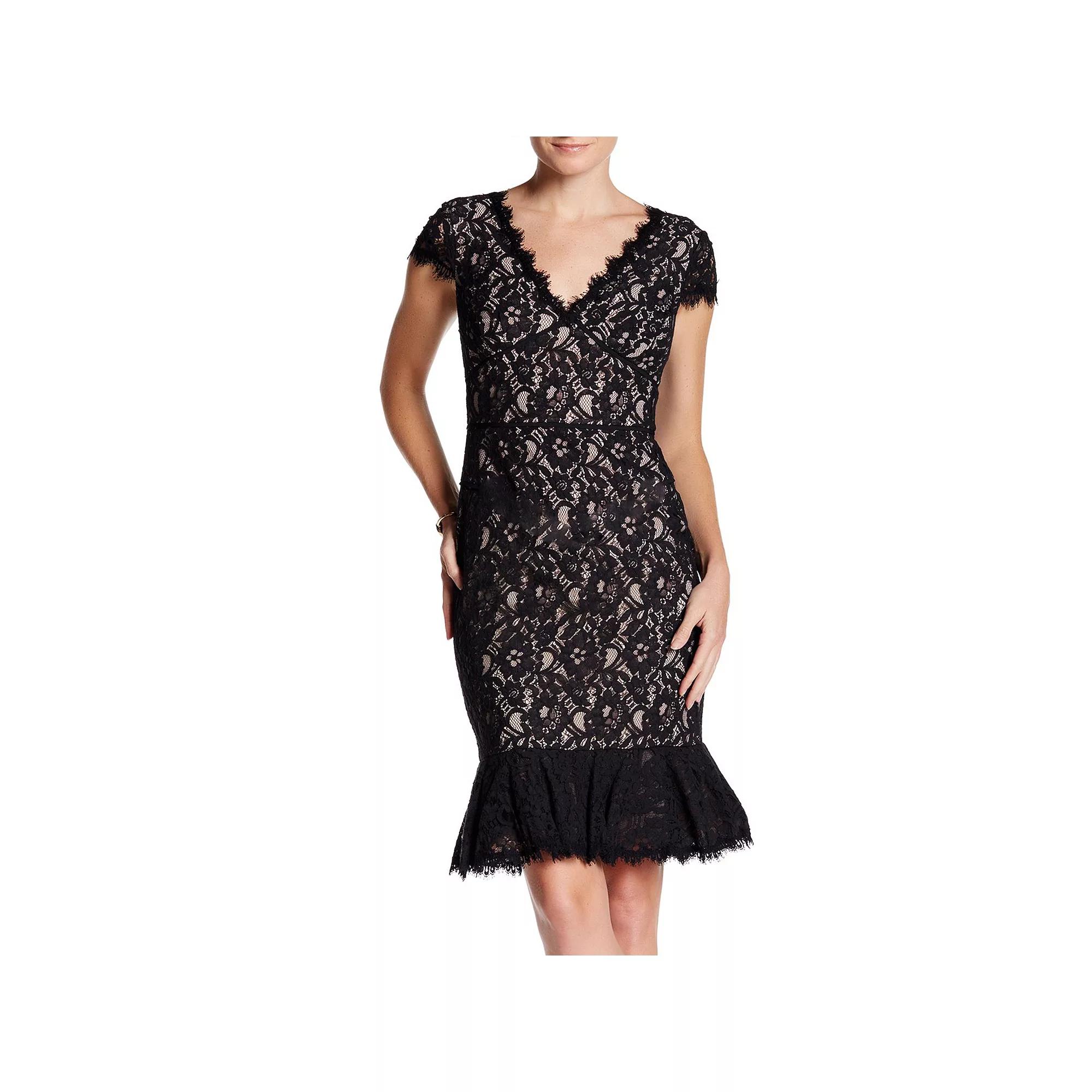 Women's Focus By Shani Short Sleeve Lace Sheath Dress, Size: 10, Black Nude Product Image