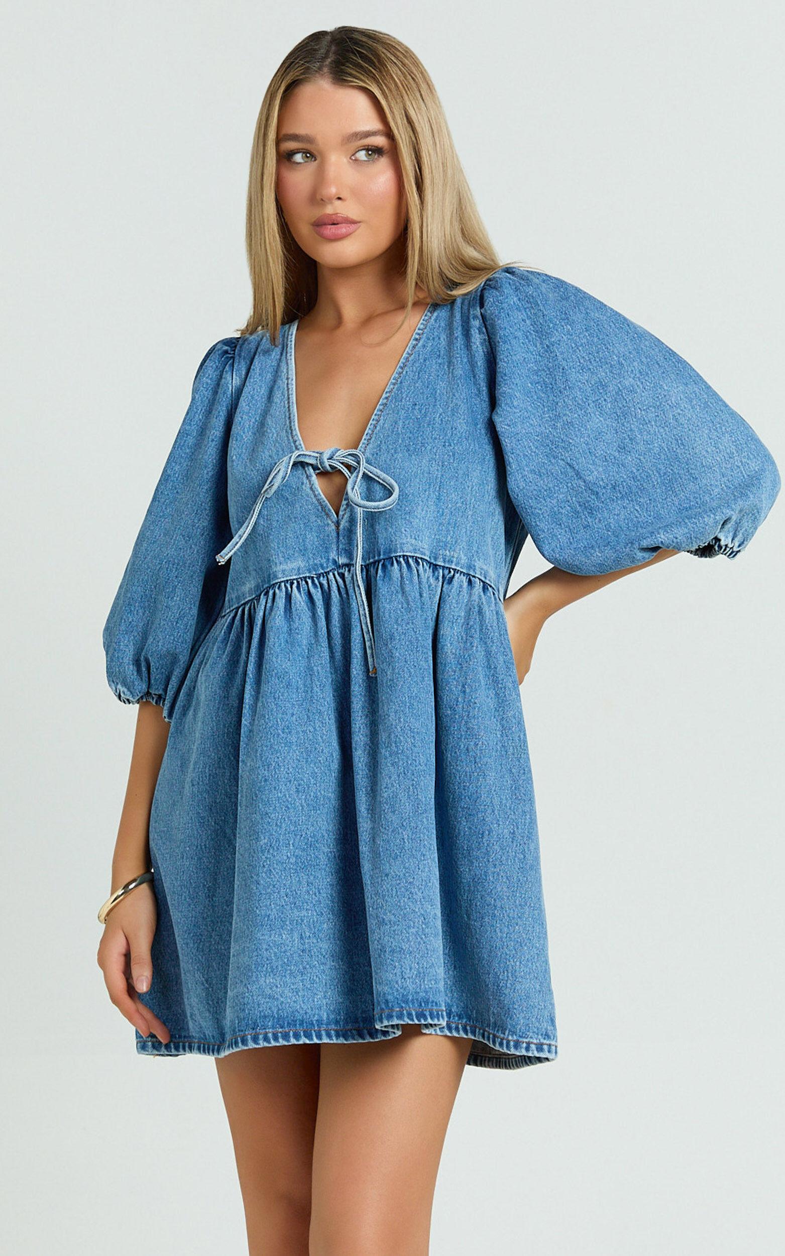 Shailene Mini Dress - Tie Front Puff Sleeve Recycled Denim Dress in Mid Blue Wash Product Image