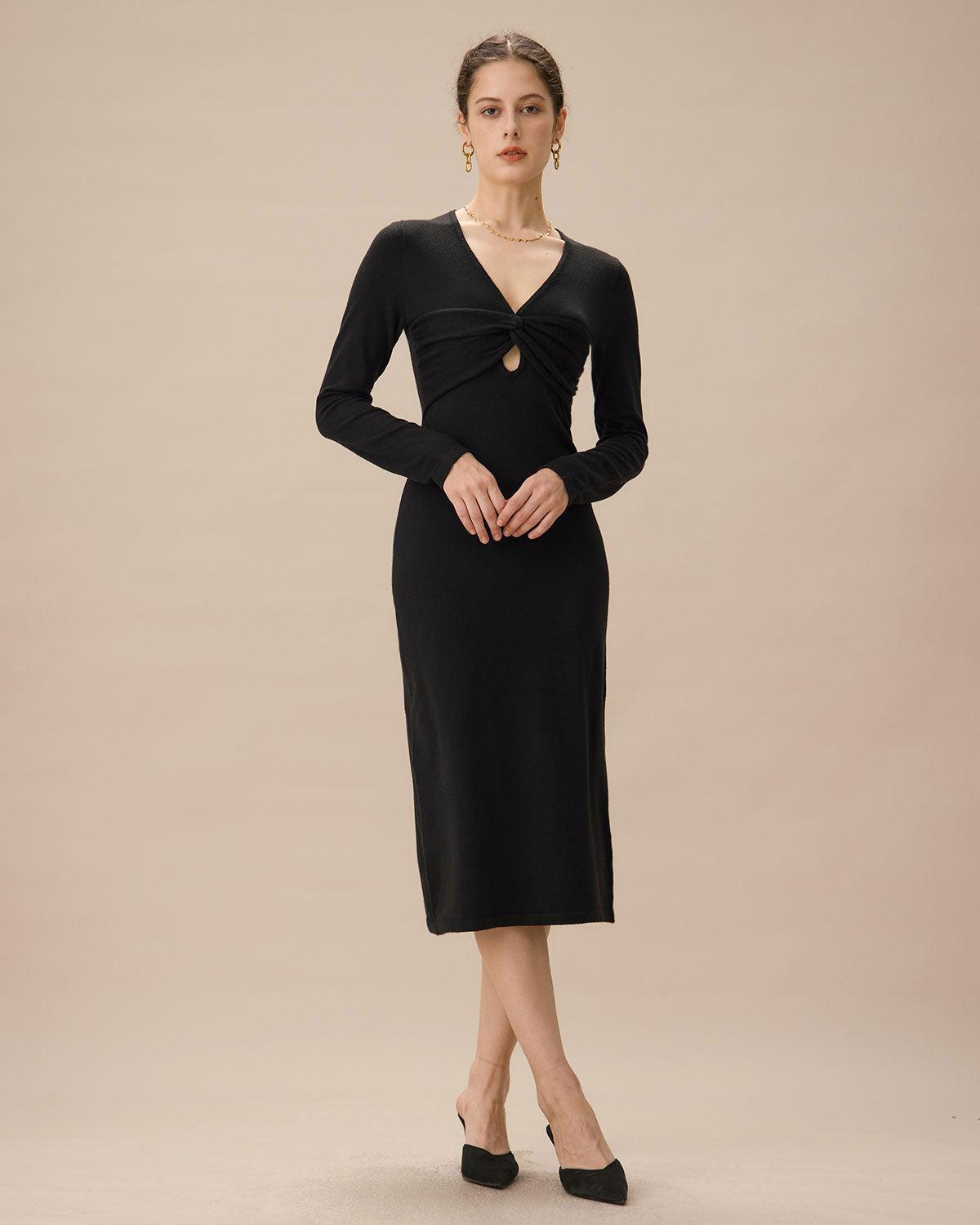 Black V Neck Cut Out Bodycon Sweater Dress Product Image