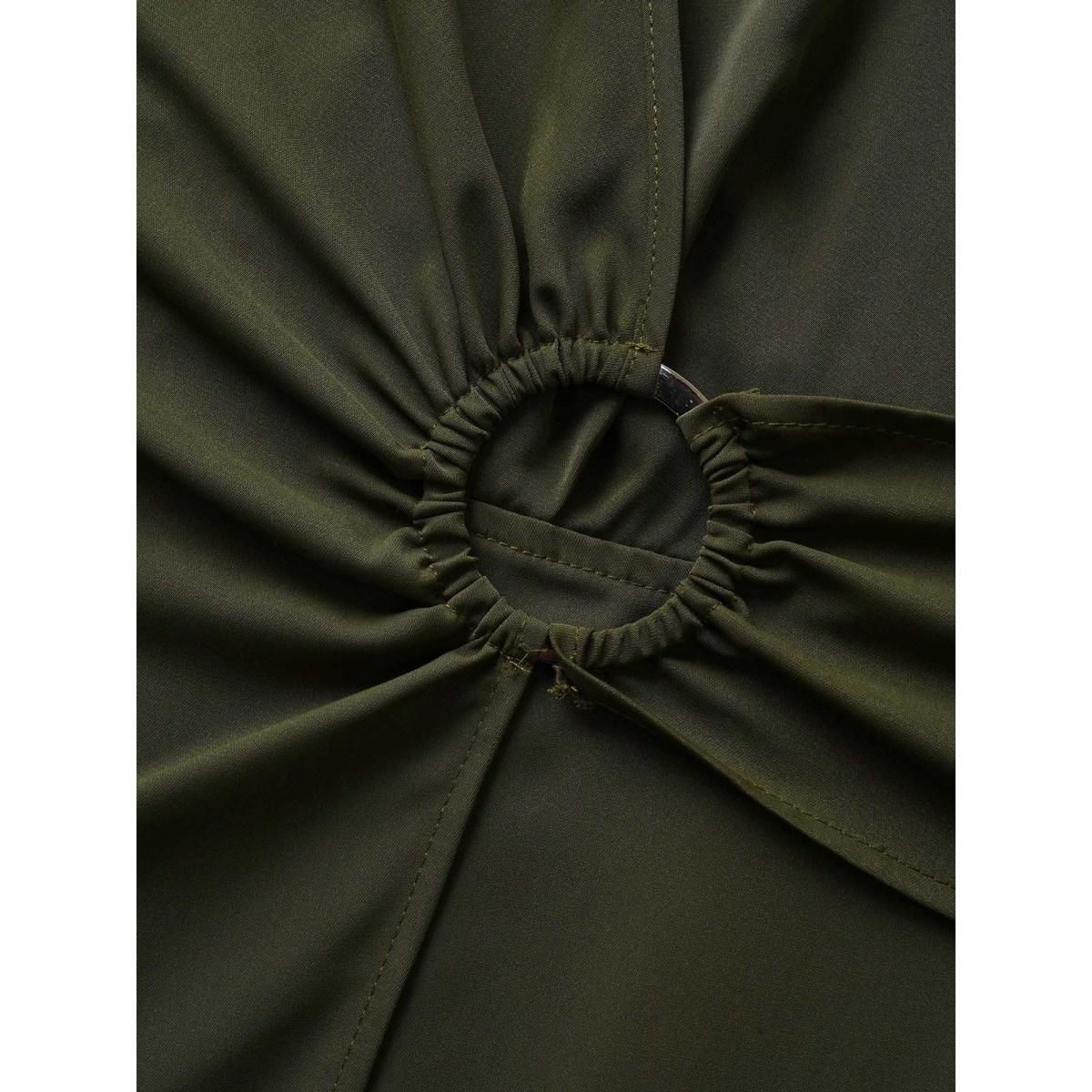 Plus Size Plain Buckle Detail Overlap Collar Cap Sleeve Dress ArmyGreen Women At the Office Overlapping Overlap Collar Cap Sleeve Curvy Midi Dress BloomChic 14-16/1X Product Image