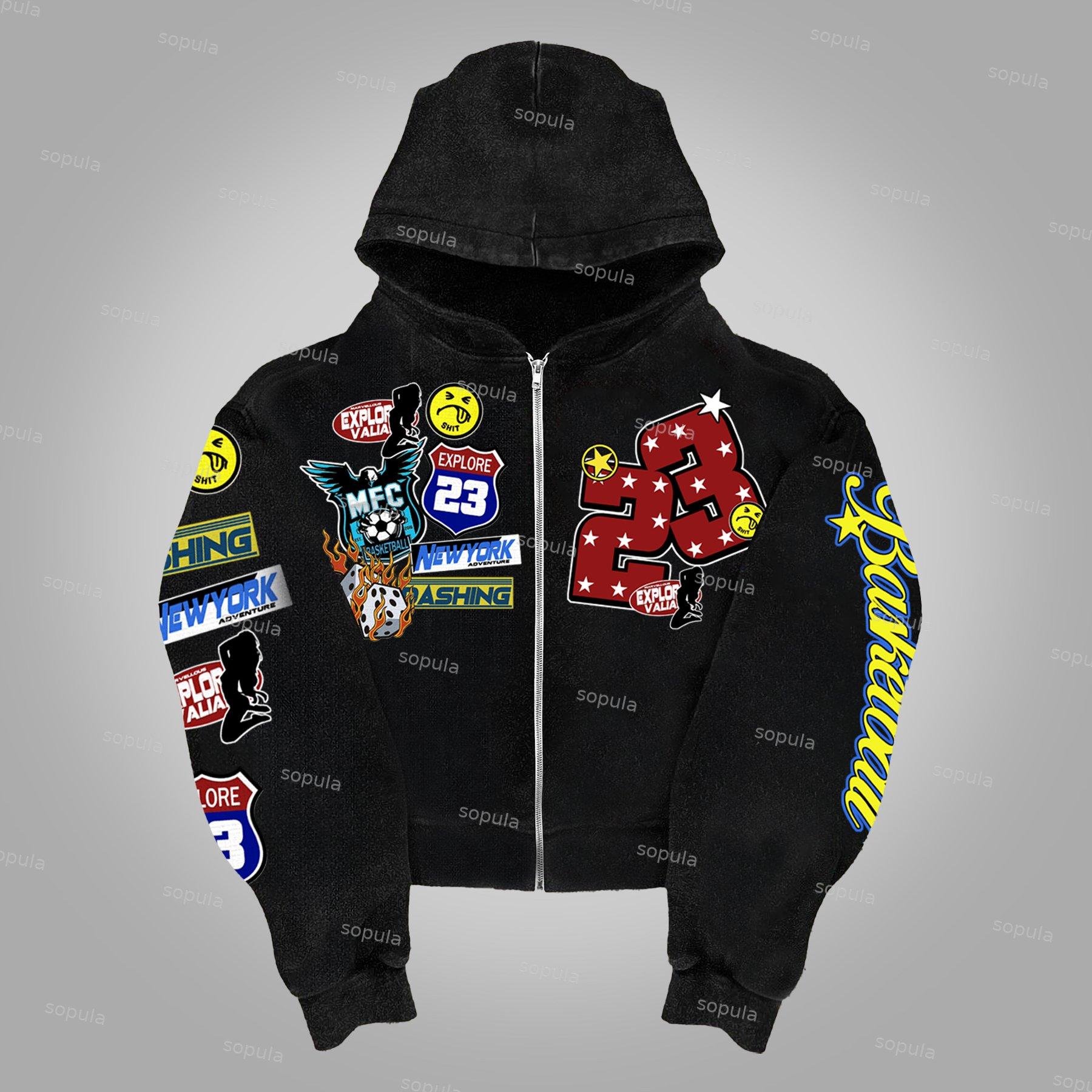 Jesus Multi-Element Print Graphic Loose Velvet Pocket Zip Hoodie Product Image