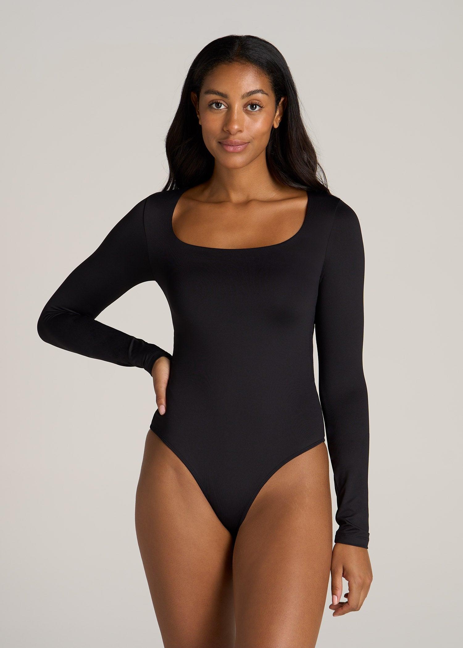Long Sleeve Square Neck Bodysuit for Tall Women in Black Female Product Image