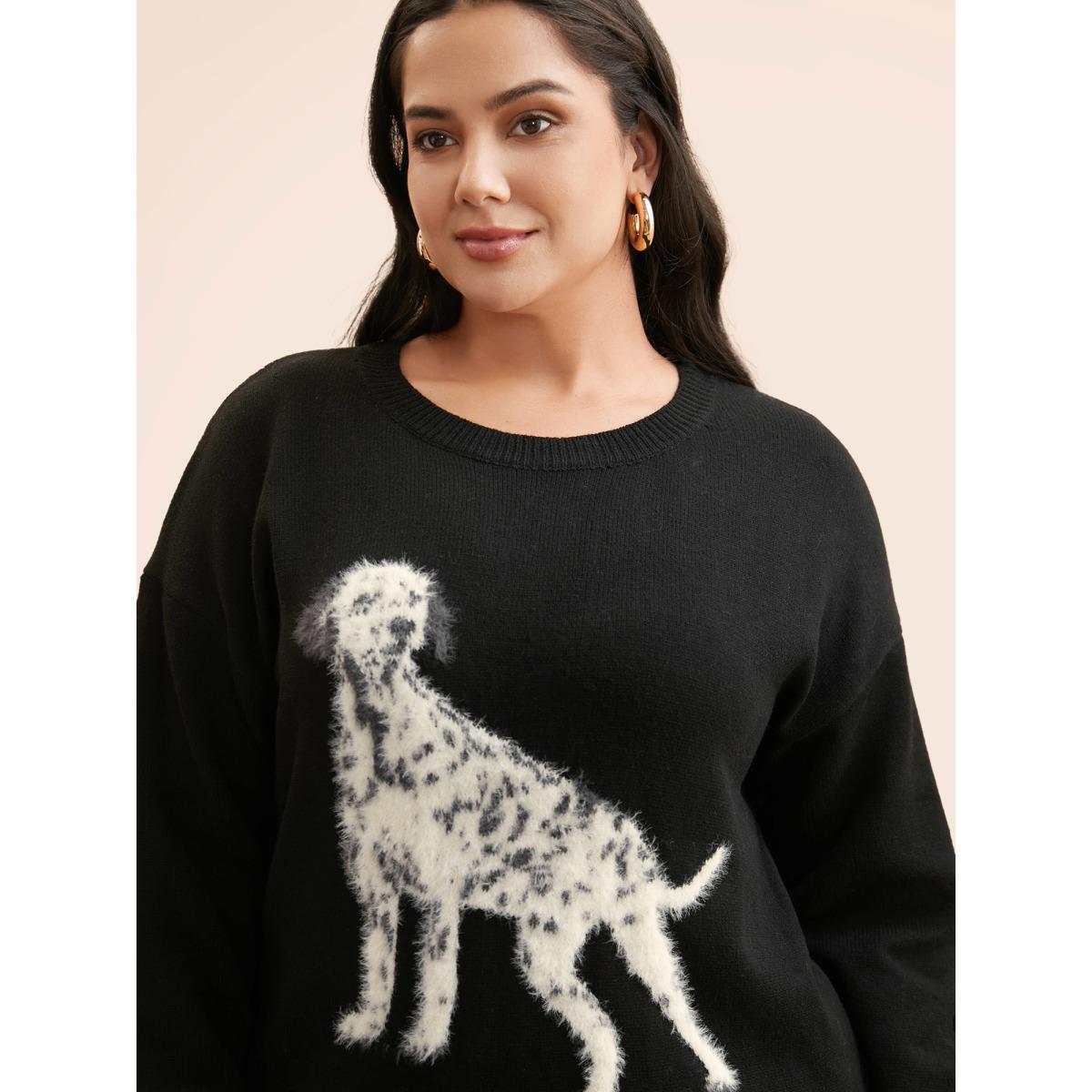 Plus Size Dog Jacquard Fluffy Drop Shoulder Pullover Black Women Casual Long Sleeve Round Neck Everyday Pullovers BloomChic 22-24/3X Product Image