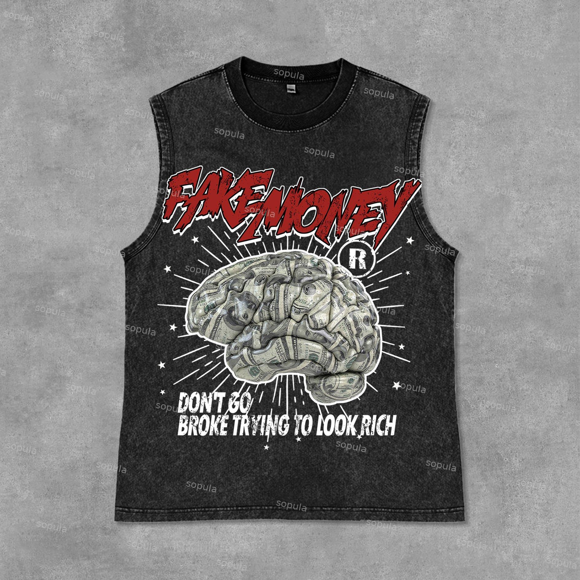 Sopula Don't Go Broke Trying To Look Rich Graphic Print Acid Washed Sleeveless Tank Top Product Image