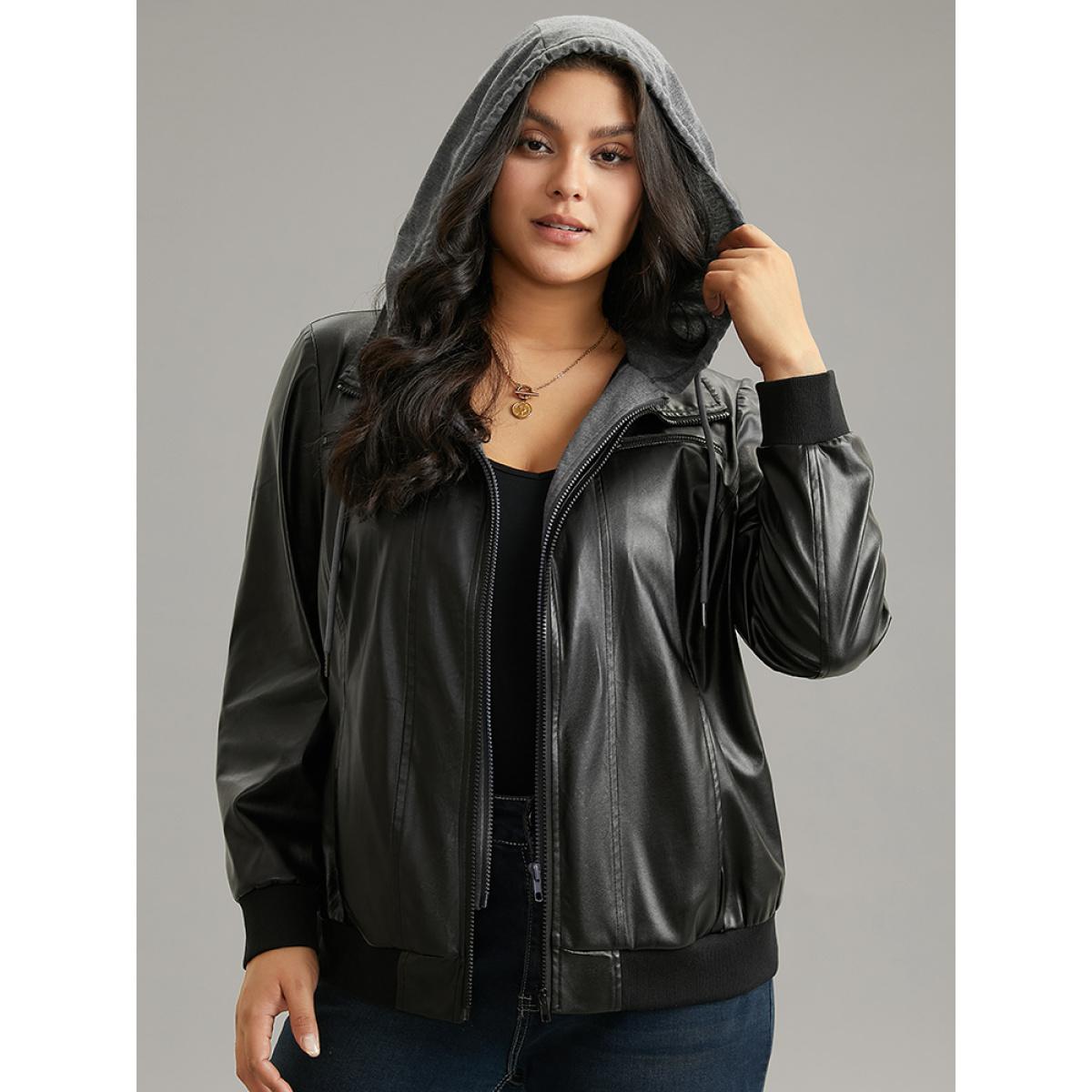 Plus Size PU Leather Patchwork Hooded Drawstring Rib Knit Jacket Women Black Rib Knit Pocket Dailywear Jackets BloomChic 10/M Product Image