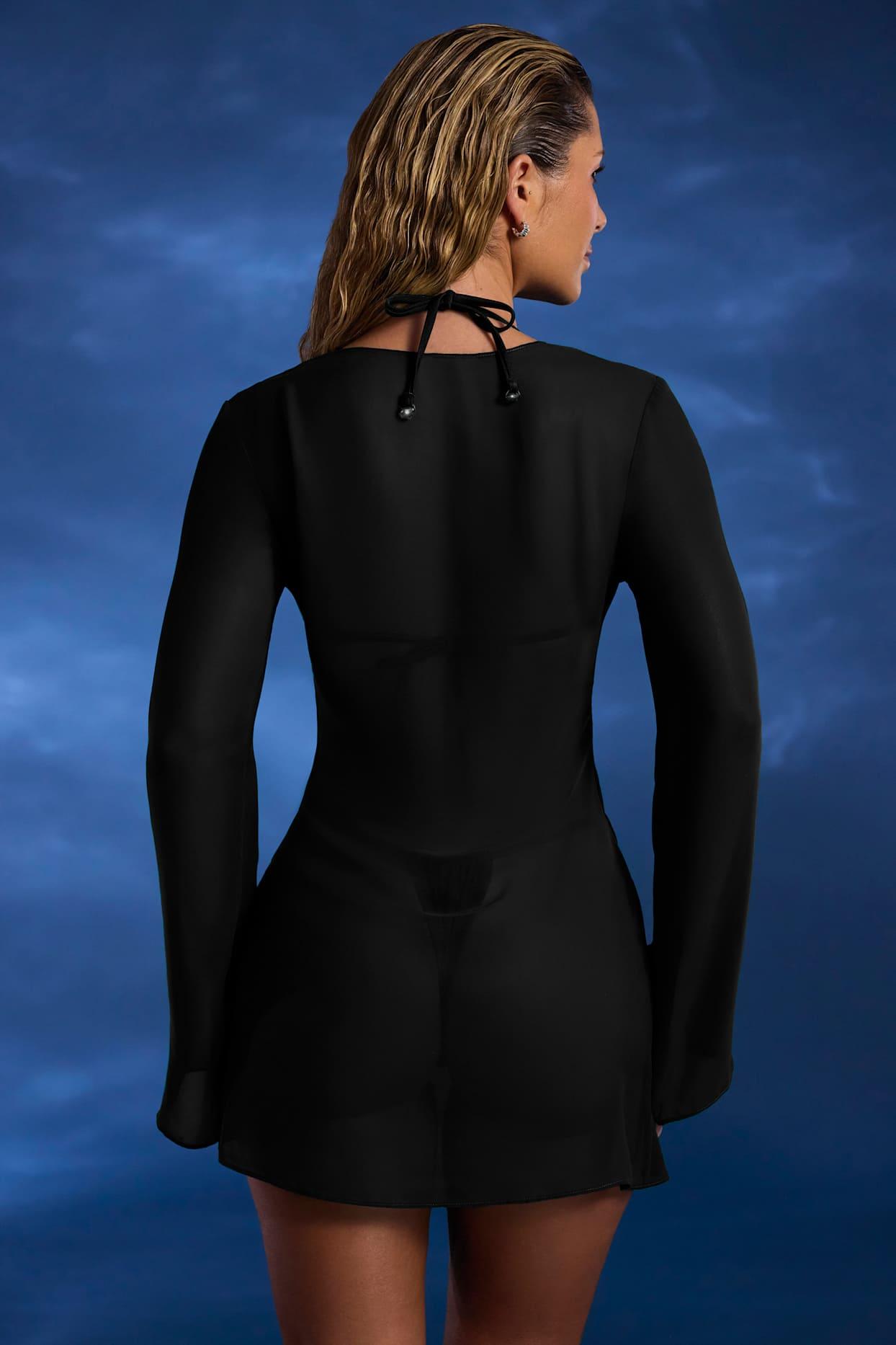 Bead-Embellished Cowl-Neck Sheer Mini Dress in Black Product Image