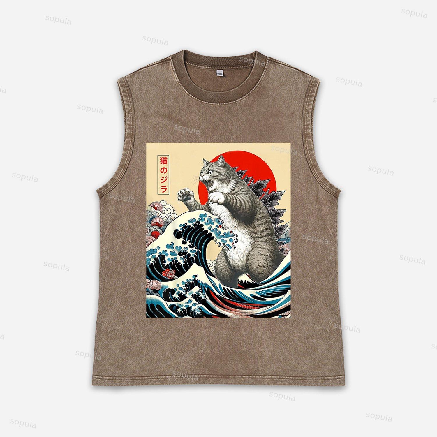 Vintage Catzilla Graphic Acid Washed Tank Tops Product Image