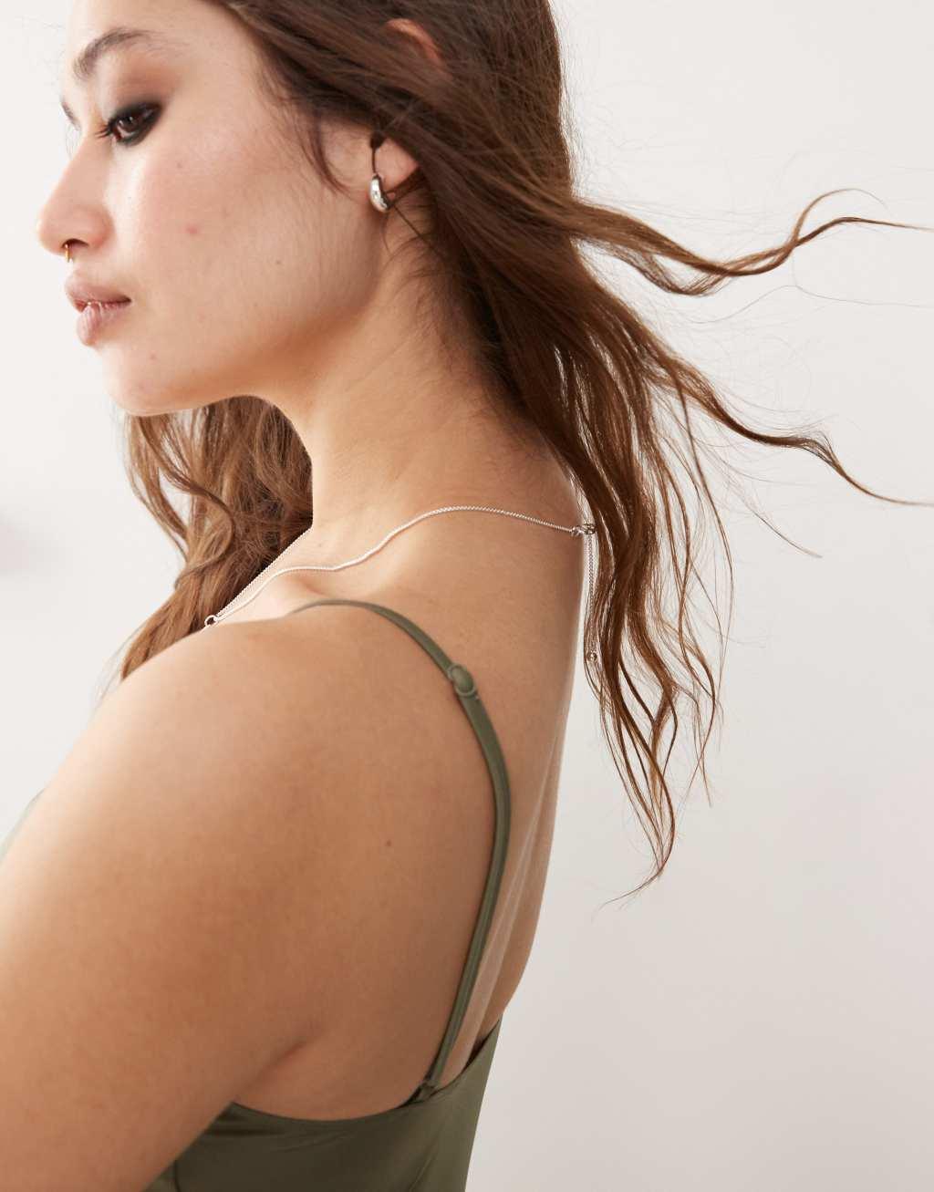 Monki tie up back swimsuit in khaki green Product Image