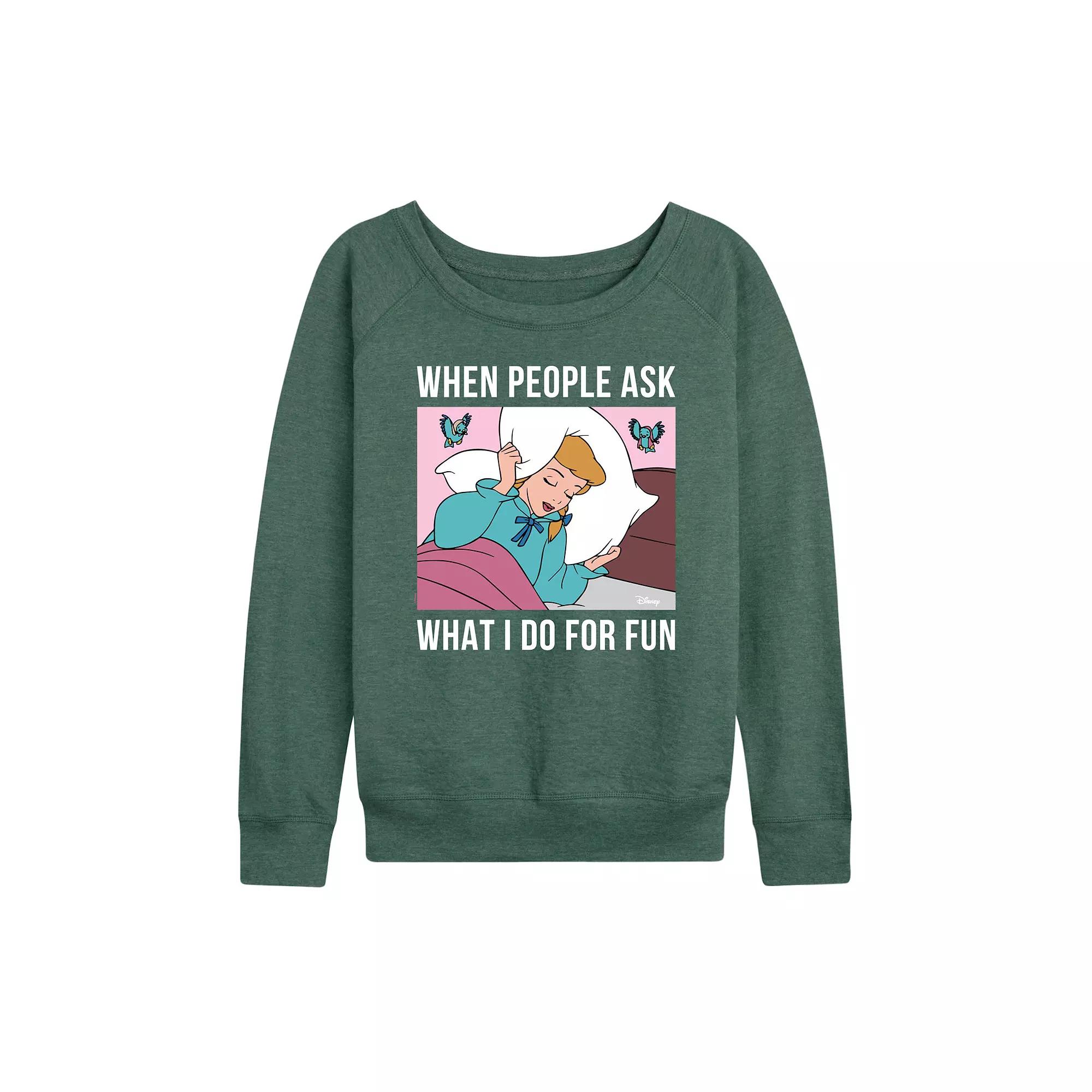 Disney Princess Cinderella Women's What I Do For Fun Is Sleeping French Terry Long Sleeve Tee, Girl's,  Product Image