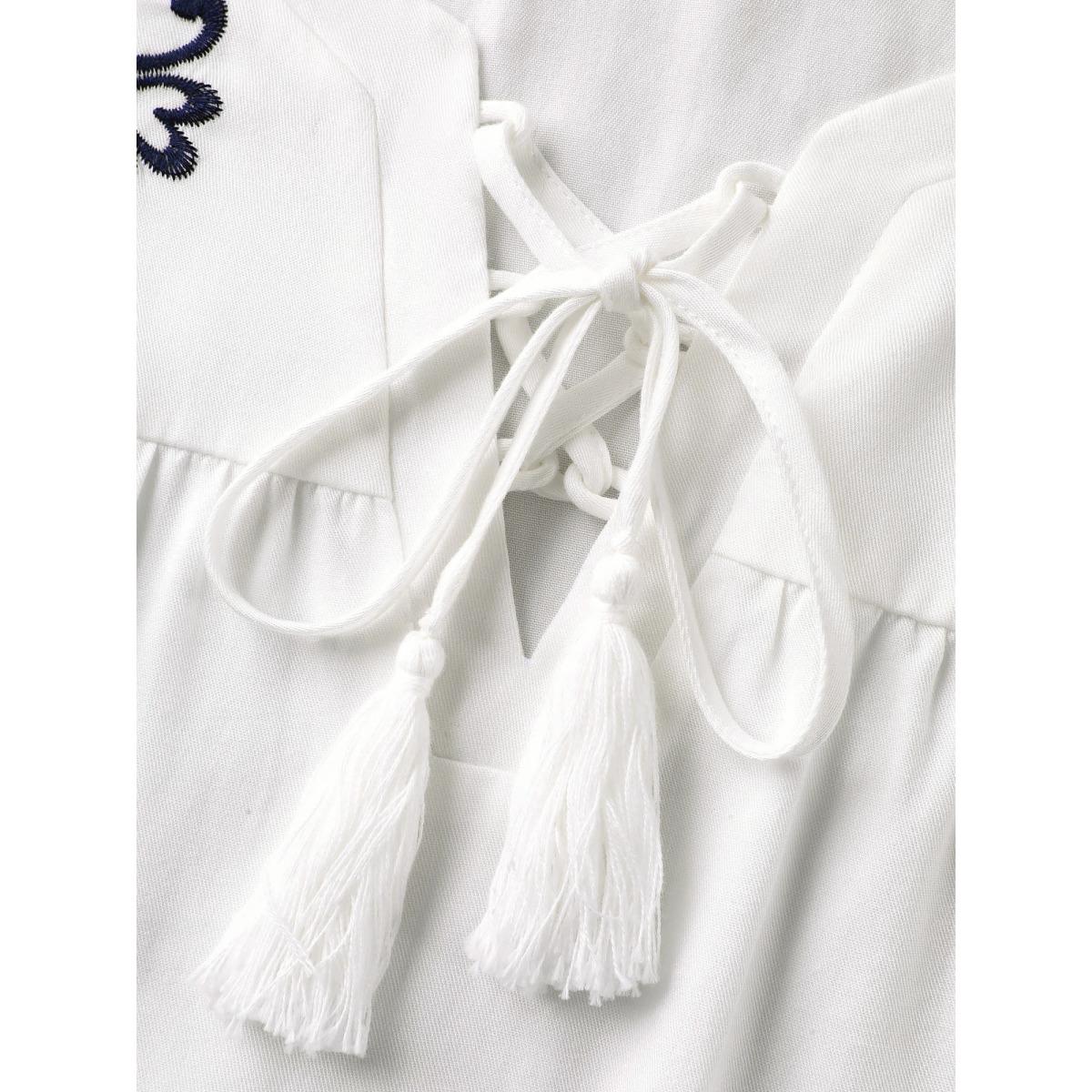 Plus Size Ivory Floral Embroidered Cross-Tie Neck Blouse Women Short sleeve Notched collar Vacation Blouses BloomChic 18-20/2X Product Image