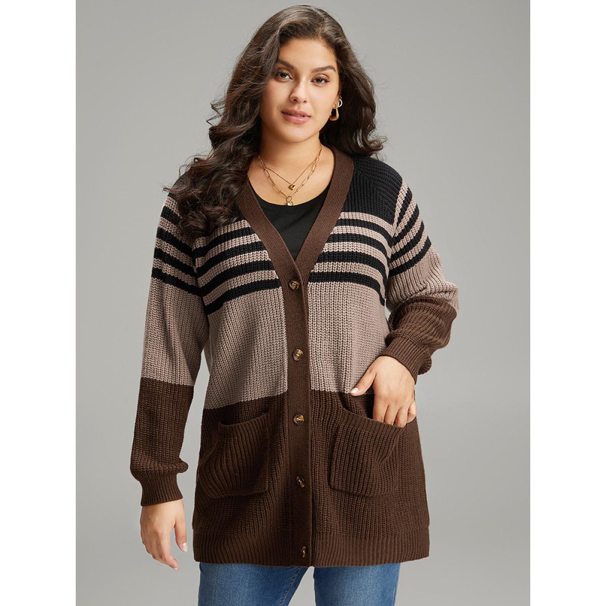 Plus Size Striped Colorblock Patched Pocket Cardigan Multicolor Women Casual Loose Long Sleeve Dailywear Cardigans BloomChic 12/L Product Image