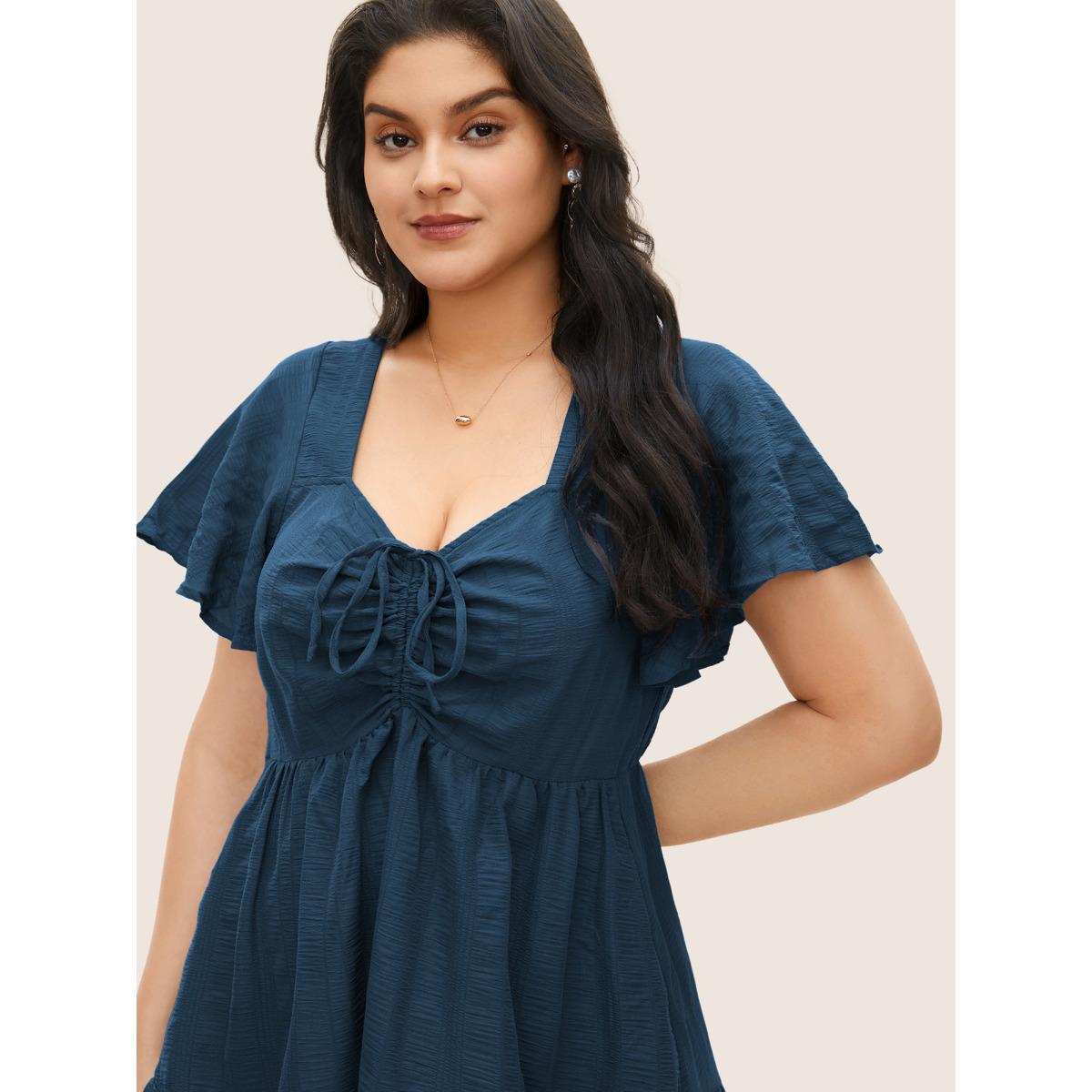 Plus Size Plain Ruched Drawstring Pocket Ruffle Tiered Dress Aegean Women Elegant Non V-neck Short sleeve Curvy Midi Dress BloomChic 26/4X Product Image