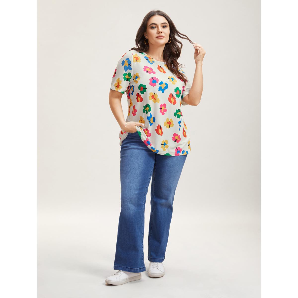Plus Size Multi-Color Floral Print Fitted T-Shirt Multicolor Women Casual Non Round Neck Everyday T-shirts BloomChic 22-24/3X Product Image