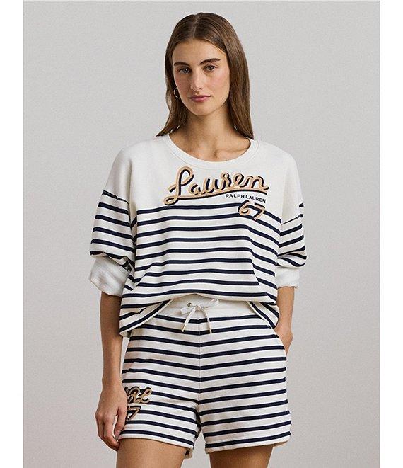 Lauren Ralph Lauren Striped French Terry Embroidered Crew Neck Long Sleeve Cropped Sweatshirt Product Image