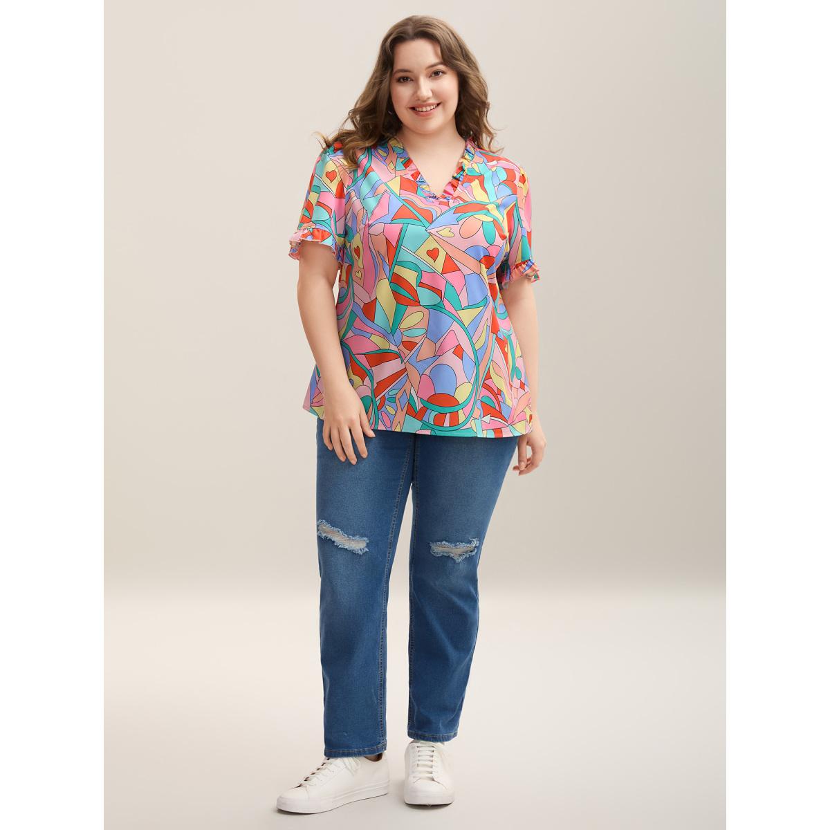 Plus Size Multicolor Abstract Pattern Petal Trim V-Neck Blouse Women Casual Short sleeve V-neck Everyday Blouses BloomChic 14-16/1X Product Image