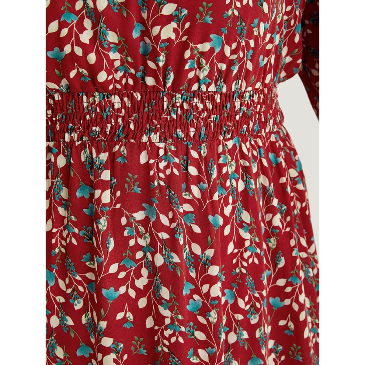 Plus Size Ditsy Floral Pocket Shirred Notched Dress Crimson Women Elegant Elastic cuffs Notched collar Long Sleeve Curvy Midi Dress BloomChic 18-20/2X Product Image