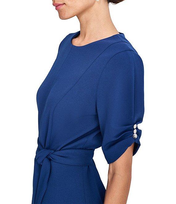 DKNY by Donna Karan Knit Round Neck Short Ruched Sleeve Tie Waist Midi Dress Product Image