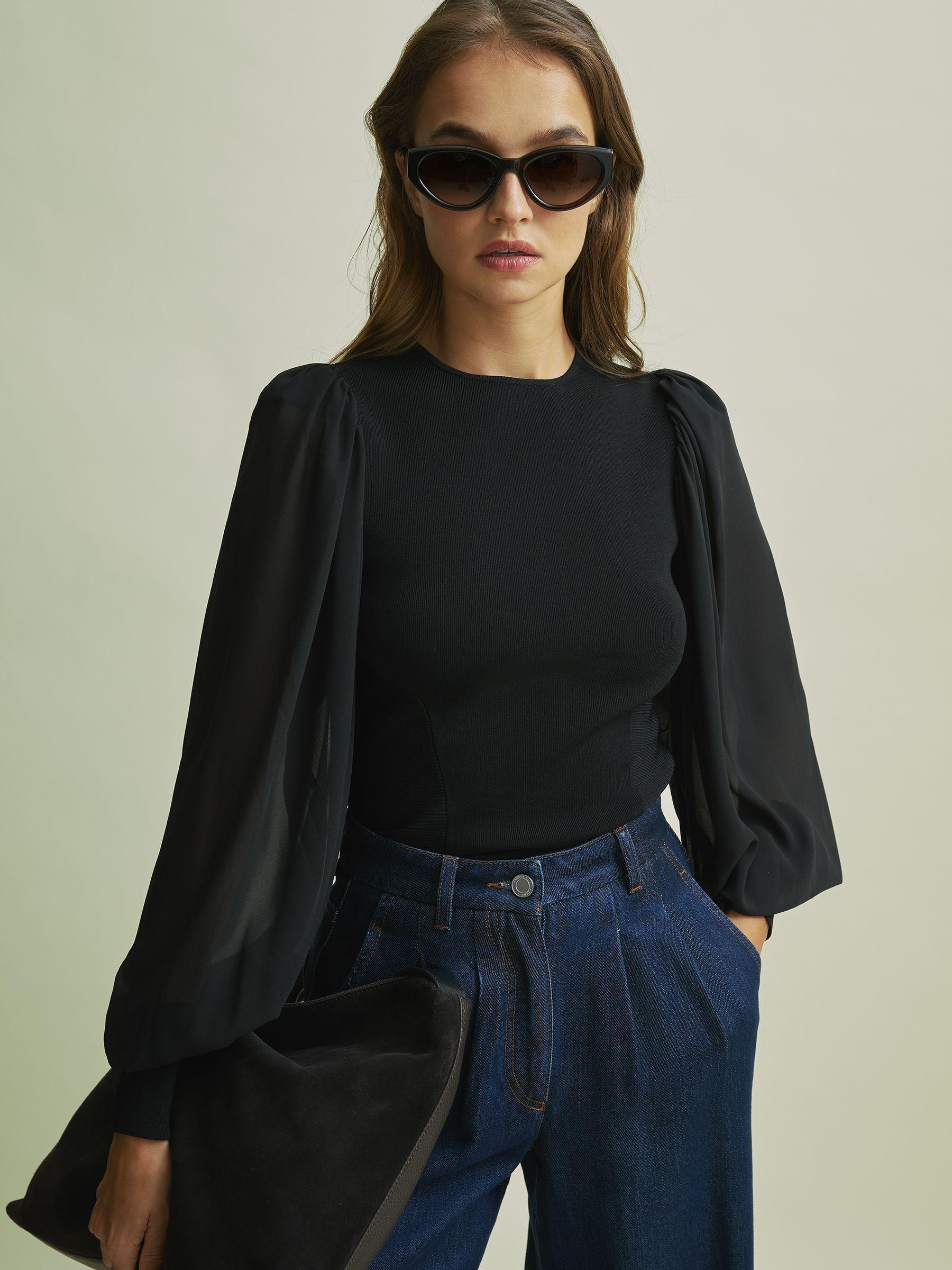Florere Hybrid Knit Sheer Sleeve Black Top in Black Product Image