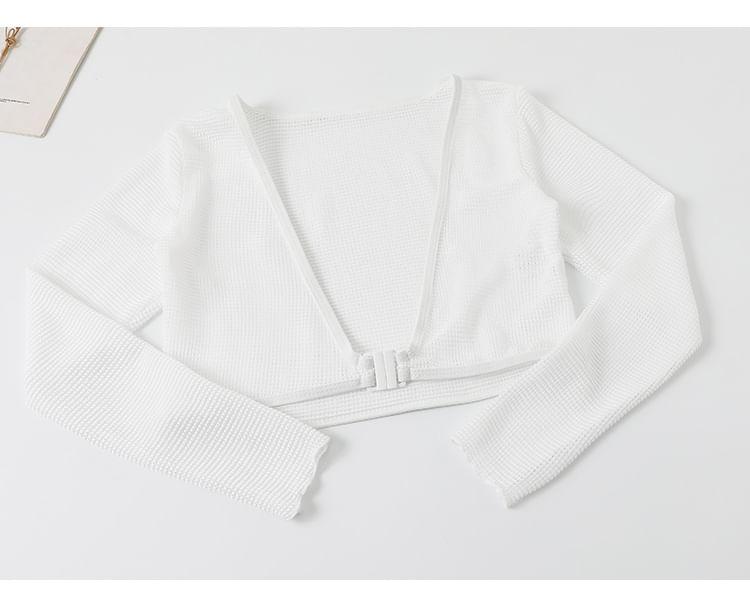 Set: Spaghetti Strap Lettering Contrast Trim Lace-Up Swim Dress + Long-Sleeve Plain Crop Cover Up Product Image