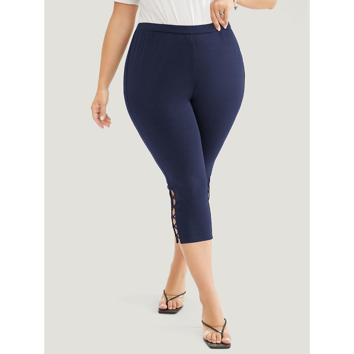 Plus Size Solid Crisscross Hem Skinny Leggings Women DarkBlue Casual High stretch Skinny Mid Rise Dailywear Leggings BloomChic 28/5X Product Image
