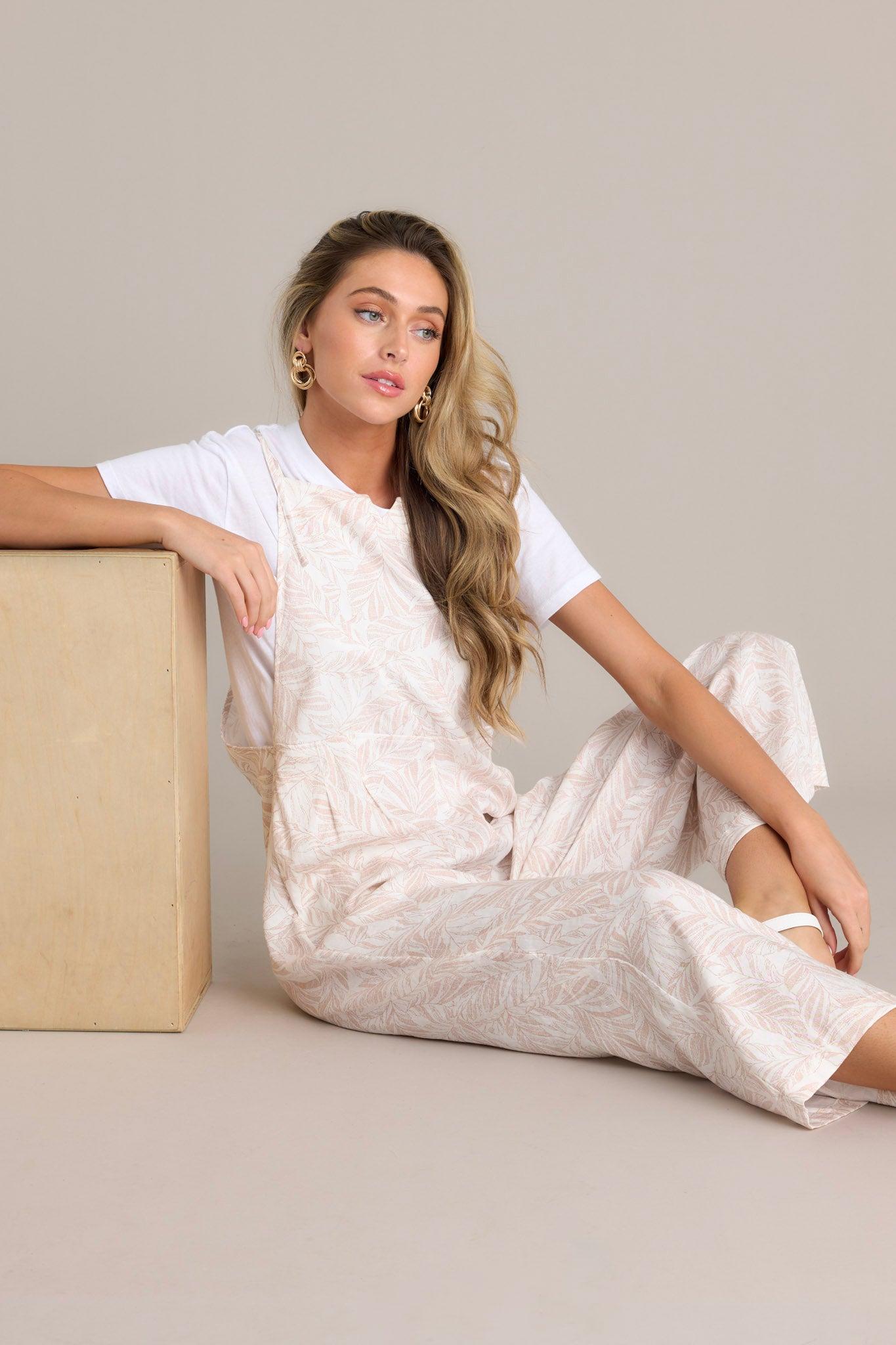 Palm Escape Natural Tropical Print Overalls Product Image