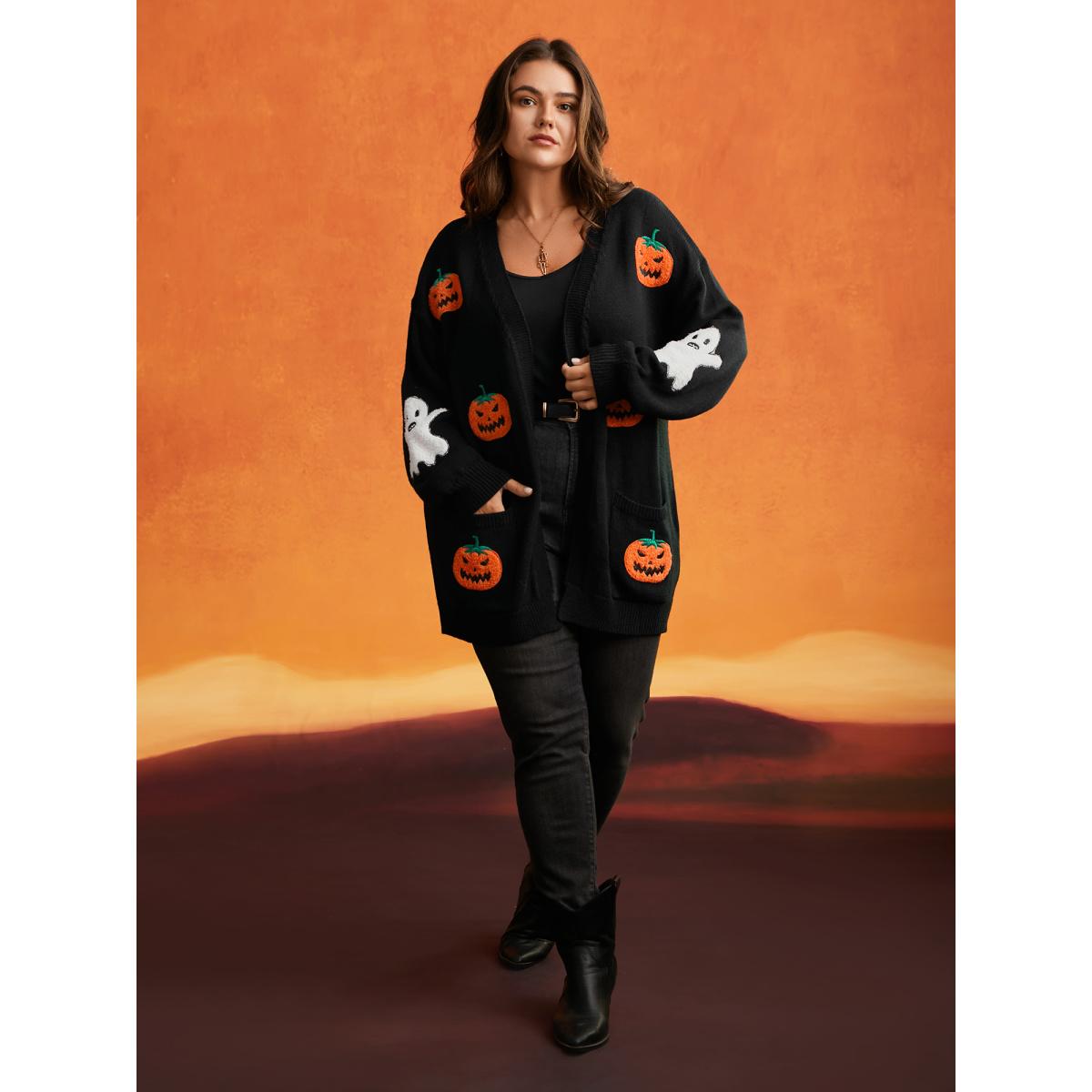 Plus Size Pumpkin Ghost Embroidery Open Cardigan Black Women Playful Loose Long Sleeve Casual Cardigans BloomChic 14-16/1X Product Image