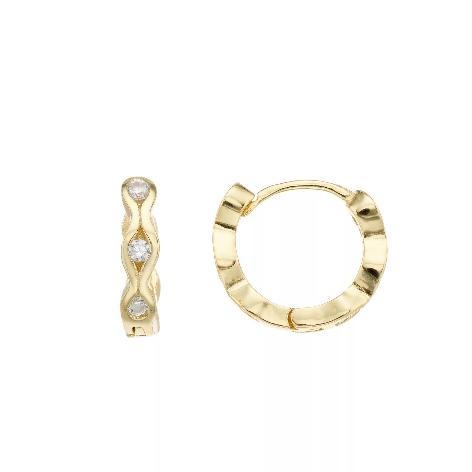 14k Gold Over Silver Cubic Zirconia Wavy Huggie Earrings, Women's, Gold Tone Product Image