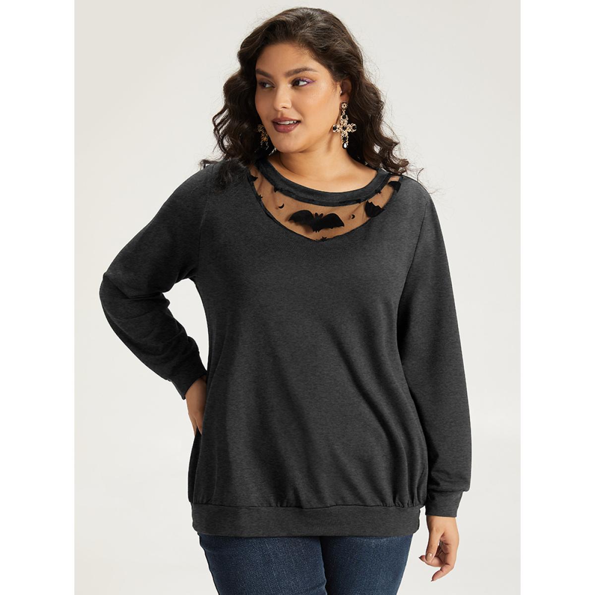 Plus Size Halloween Bat Print Mesh Patchwork Sweatshirt Women Gray Elegant Elastic cuffs Round Neck Festival-Halloween Sweatshirts BloomChic 14-16/1X Product Image